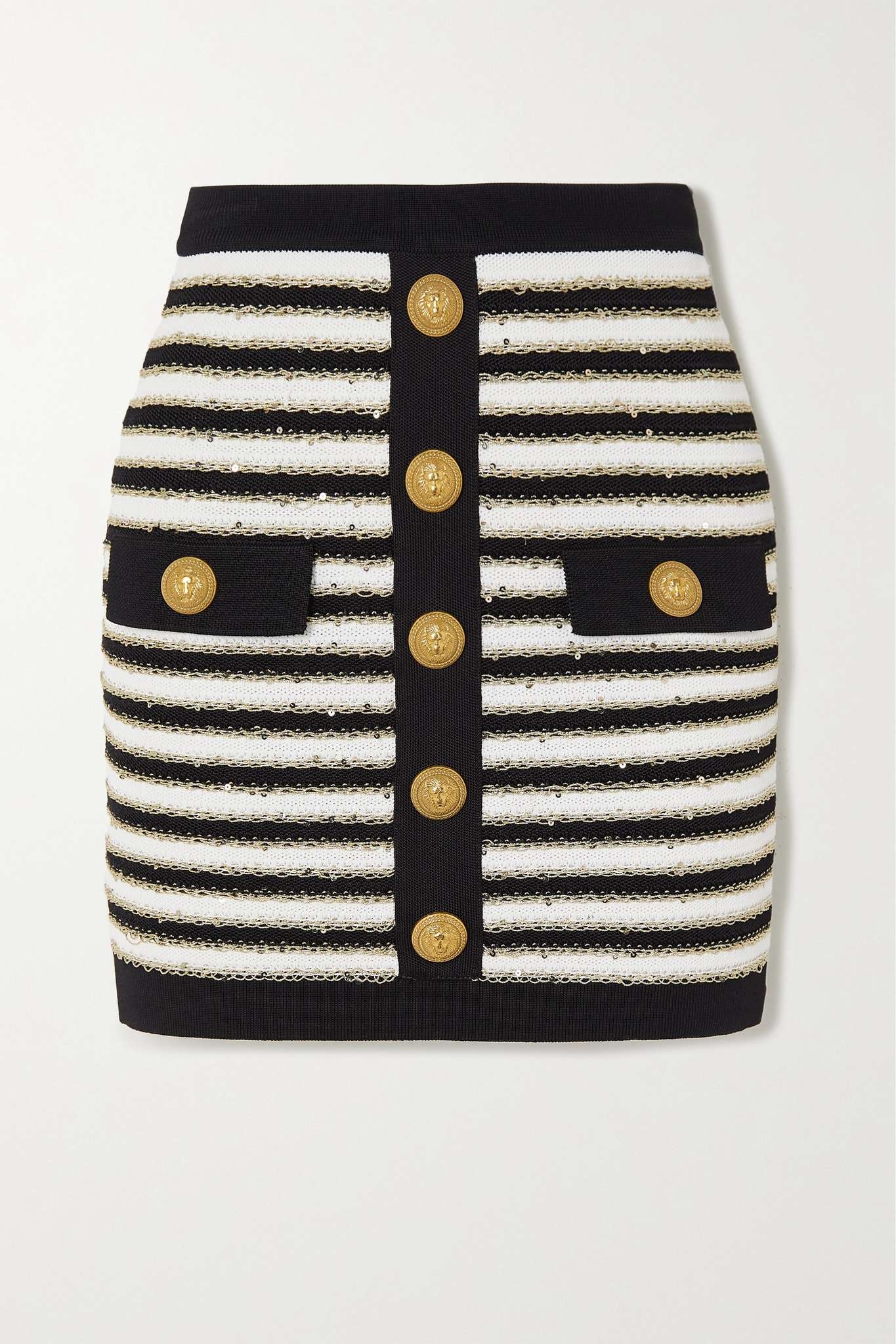 Button-embellished metallic striped knitted mini skirt - 1