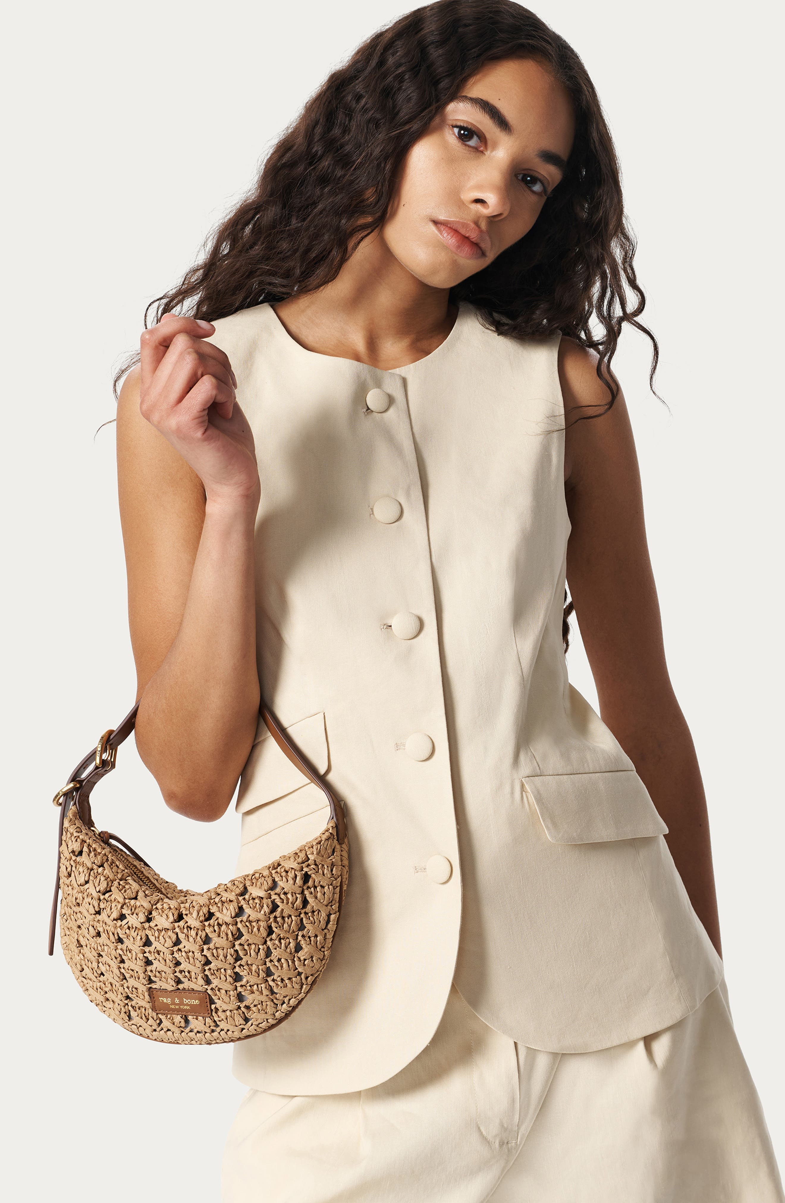 rag & bone Small Mercer Woven Straw Hobo Bag in Cognac at Nordstrom - 6