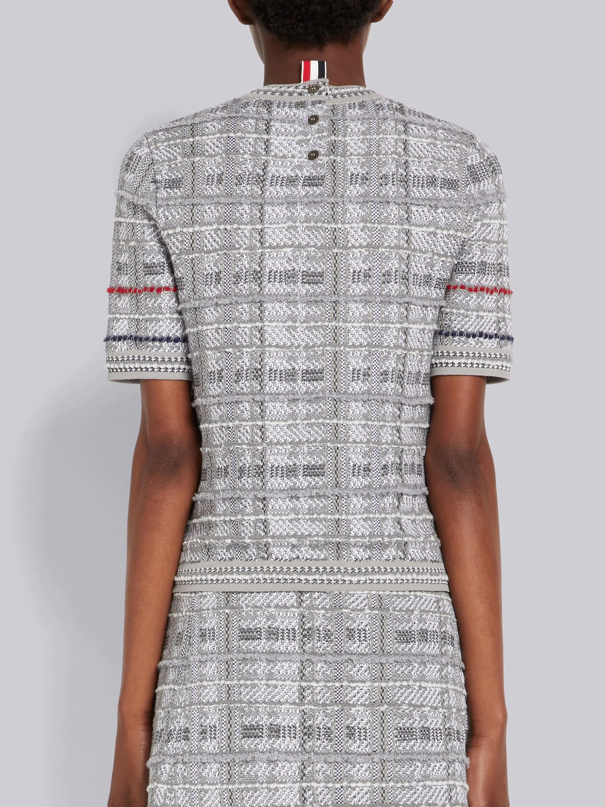 Tonal Grey Hairline Madras Check Jacquard Stripe Inlay Short Sleeve Pullover - 3