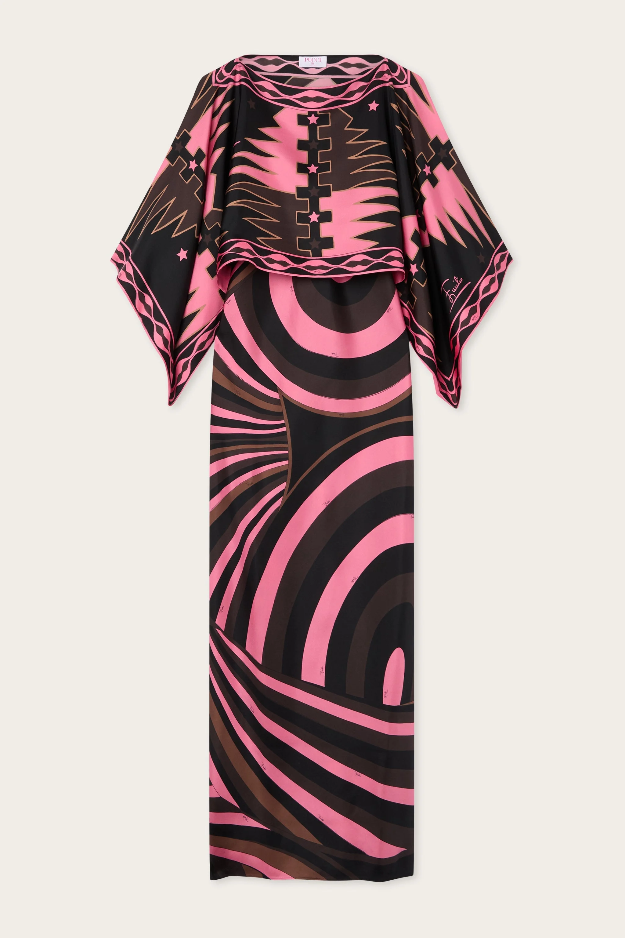IRIDE PRINT SILK DRESS WITH CAPE - 1