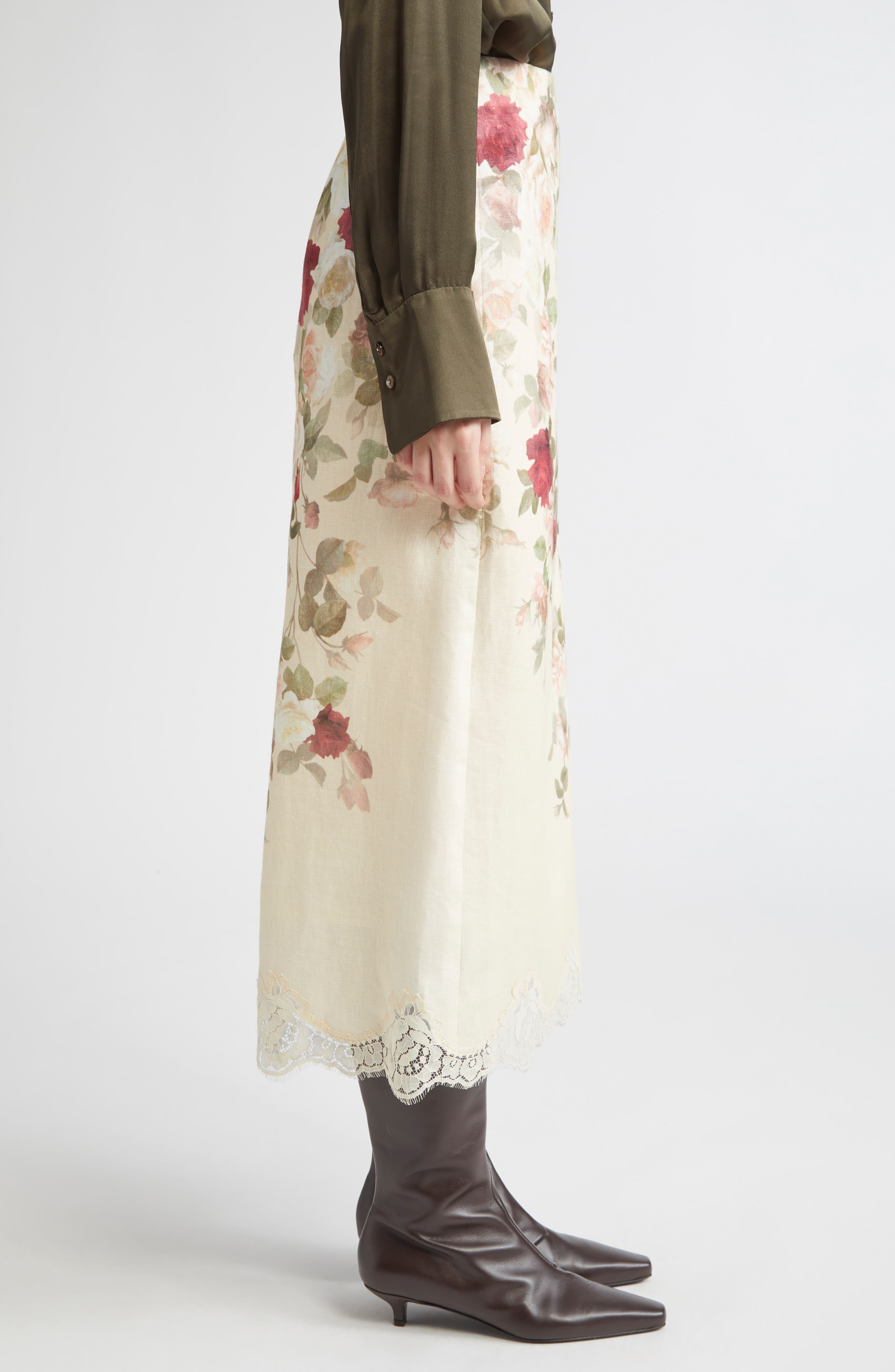 Zimmermann Hypnotic Floral Lace Trim Linen Pencil Skirt in Cream Cascade at Nordstrom - 4