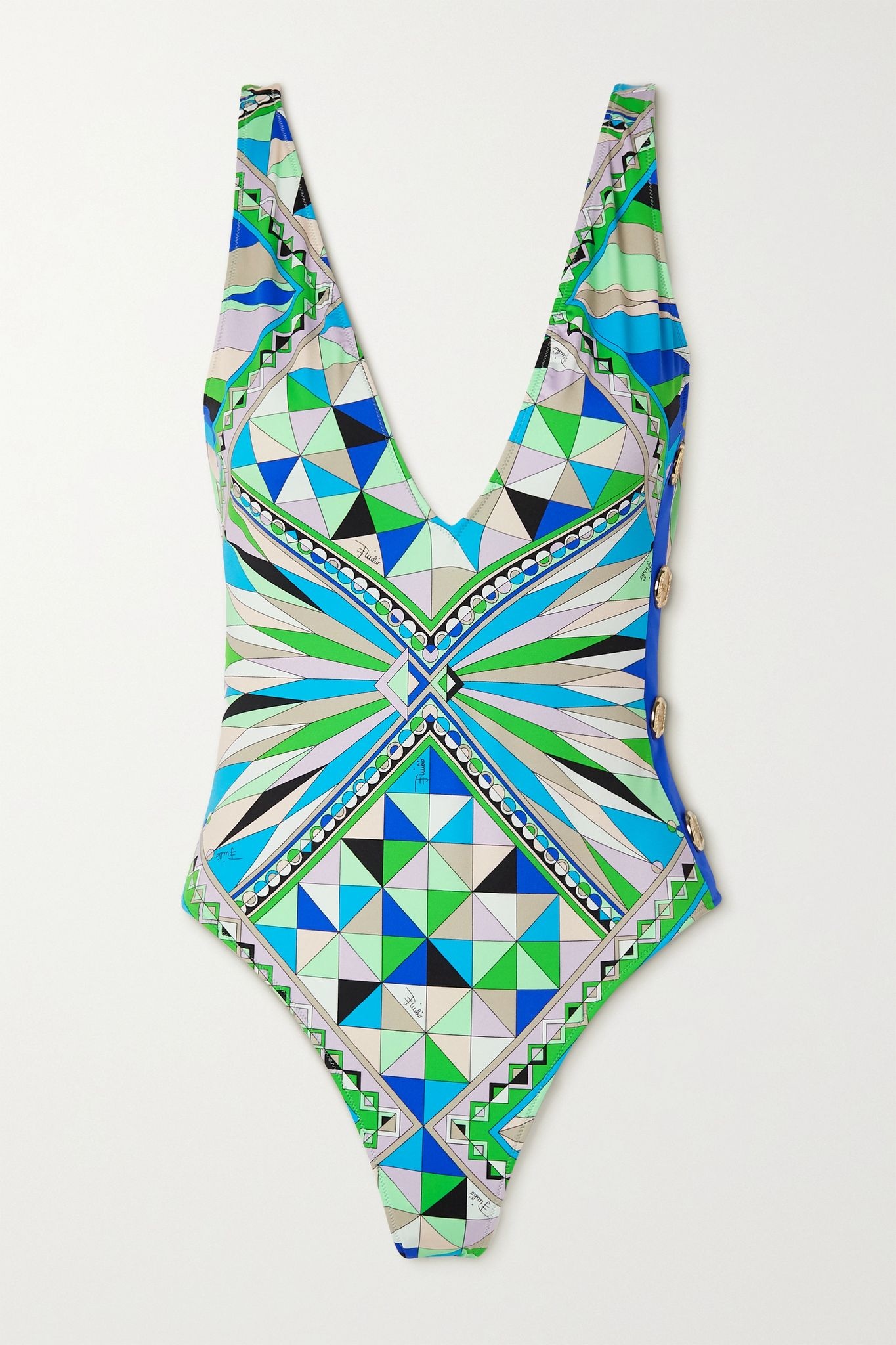 Button-embellished printed swimsuit - 1