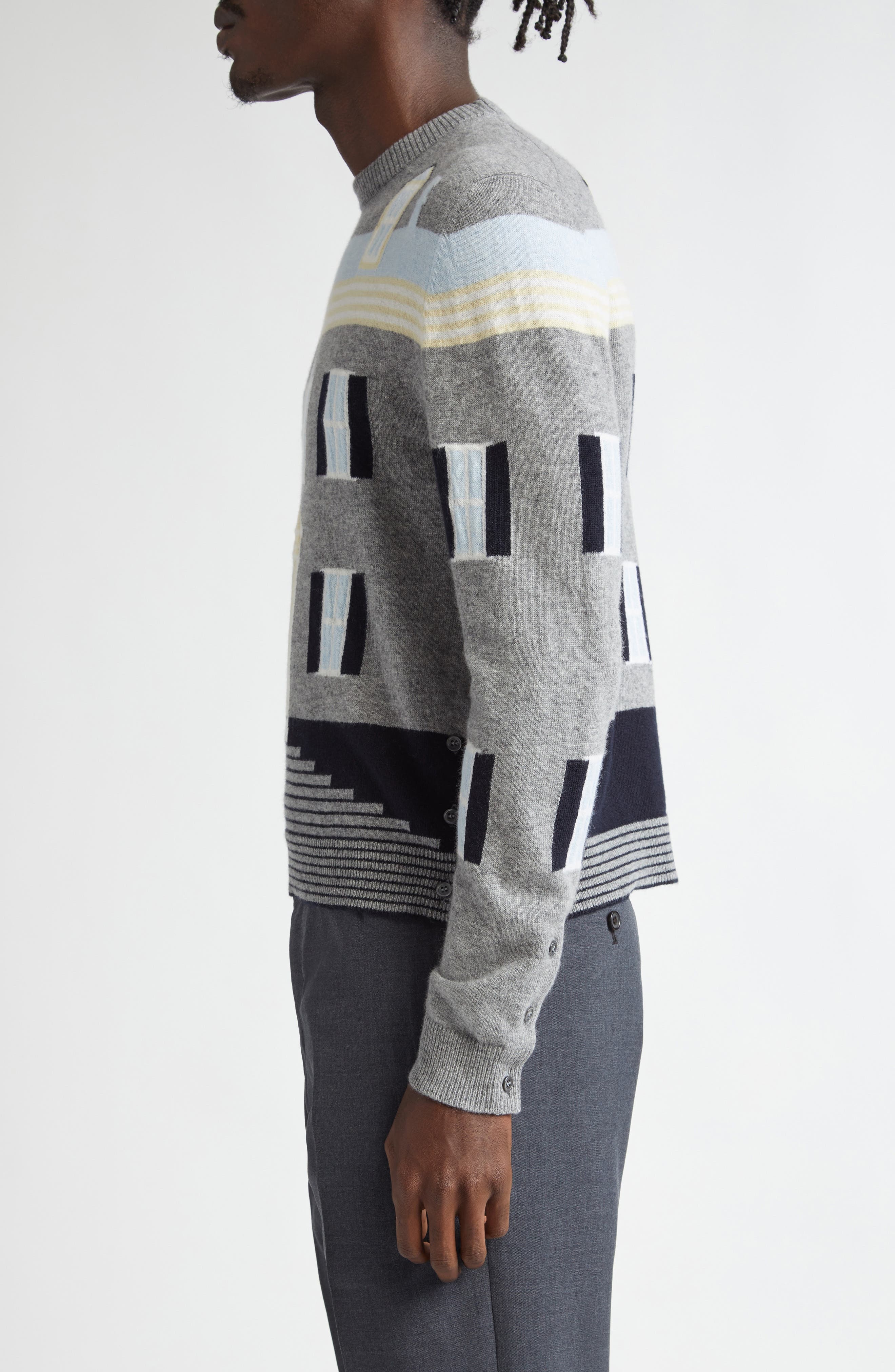 Thom Browne House Intarsia Virgin Wool Sweater in Light Grey at Nordstrom - 4