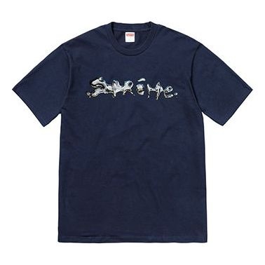 Supreme FW18 Liquid Tee Navy Silver Logo Short Sleeve Unisex Navy Blue SUP-FW18-012 - 1