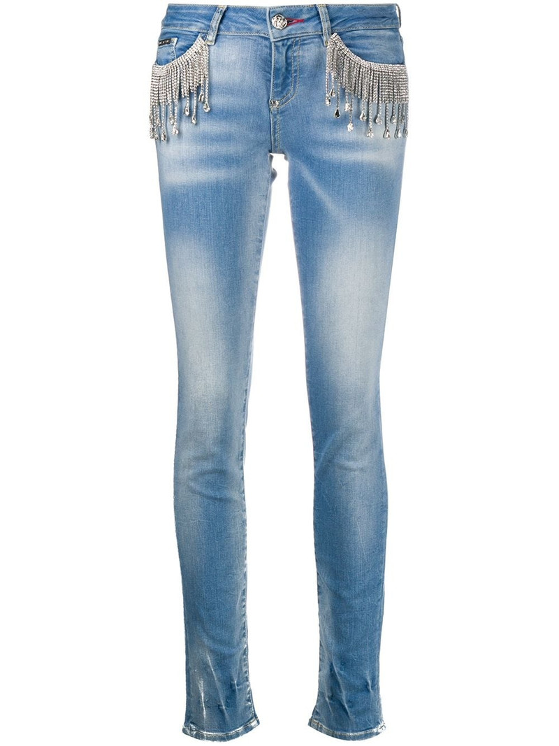 crystal-fringe slim-fit jeans 1