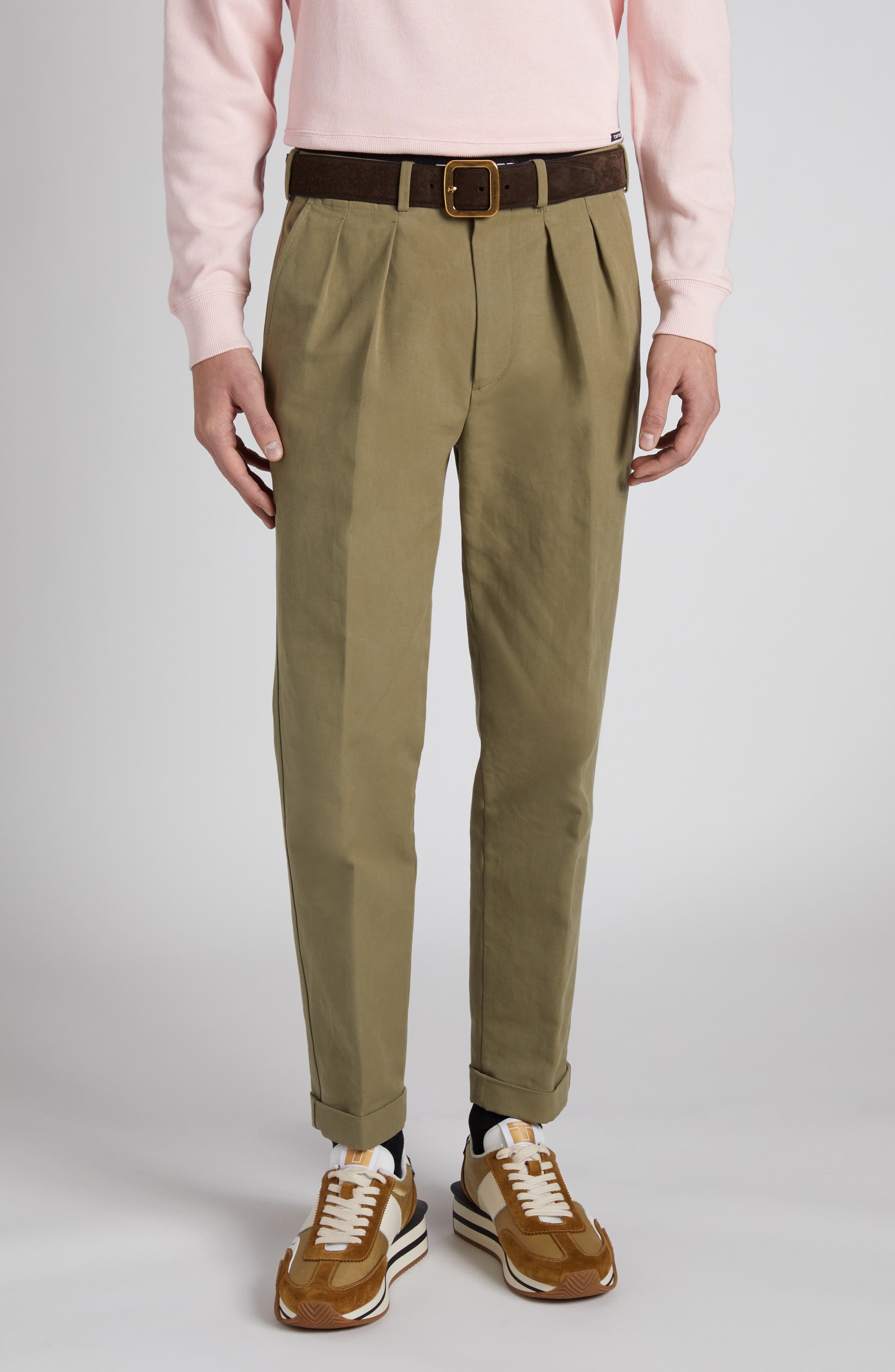 TOM FORD Pleated Cotton Sateen Pants in Olive at Nordstrom - 1