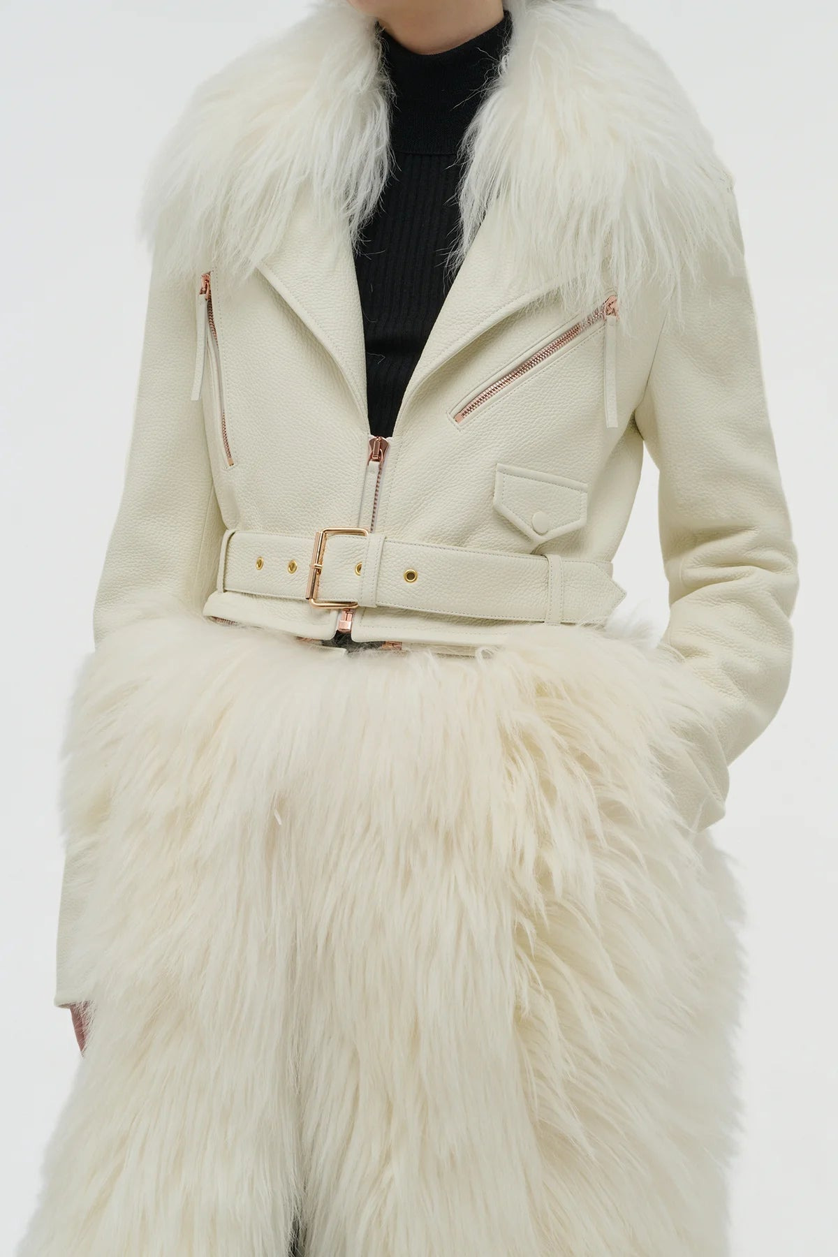 Brymwylf Convertible Coat in White Textured Leather & Cashmere Shearling - 6