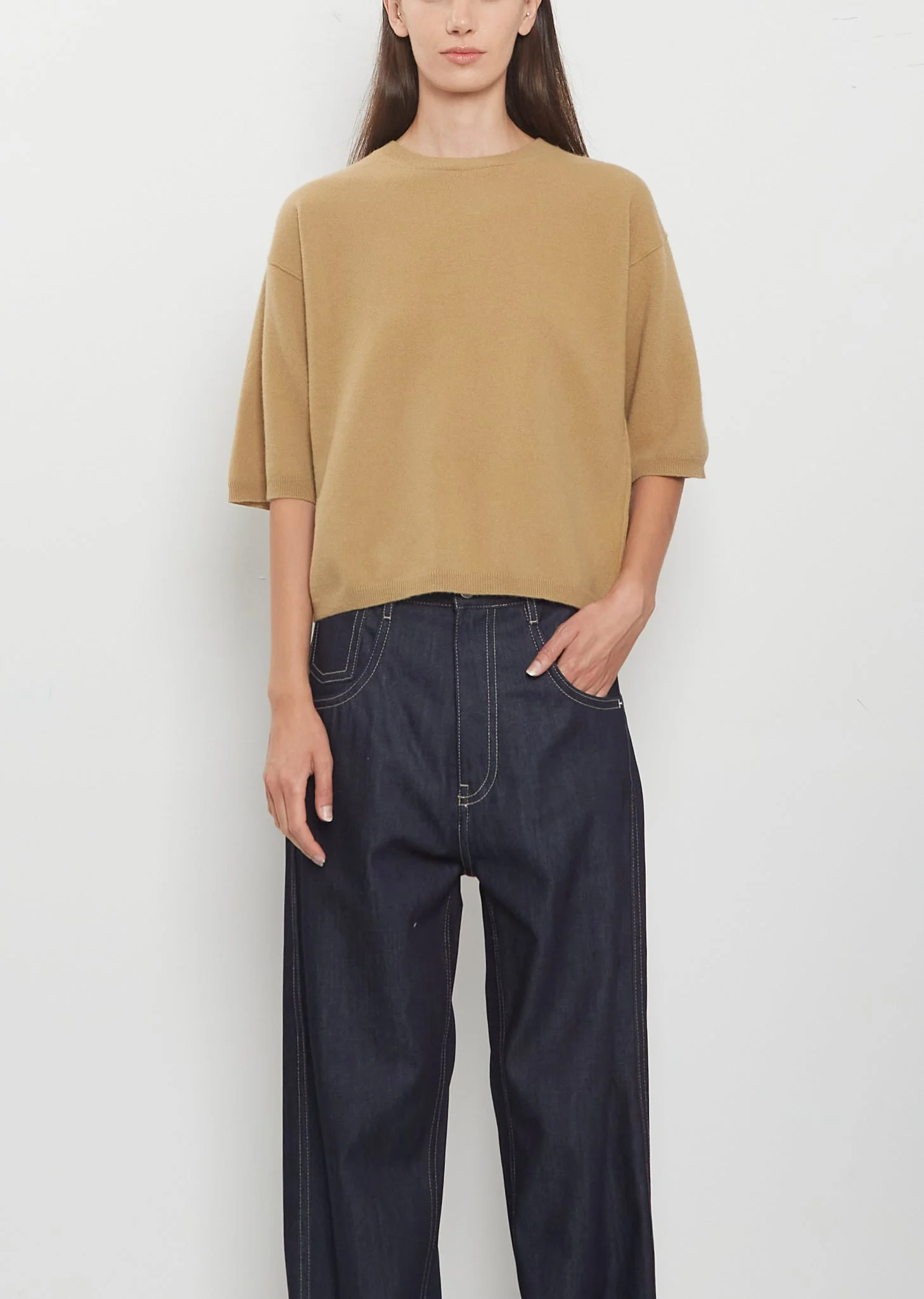 Melody 1-Ply Superfine Wool Short Sleeve Sweater — Camel - 1