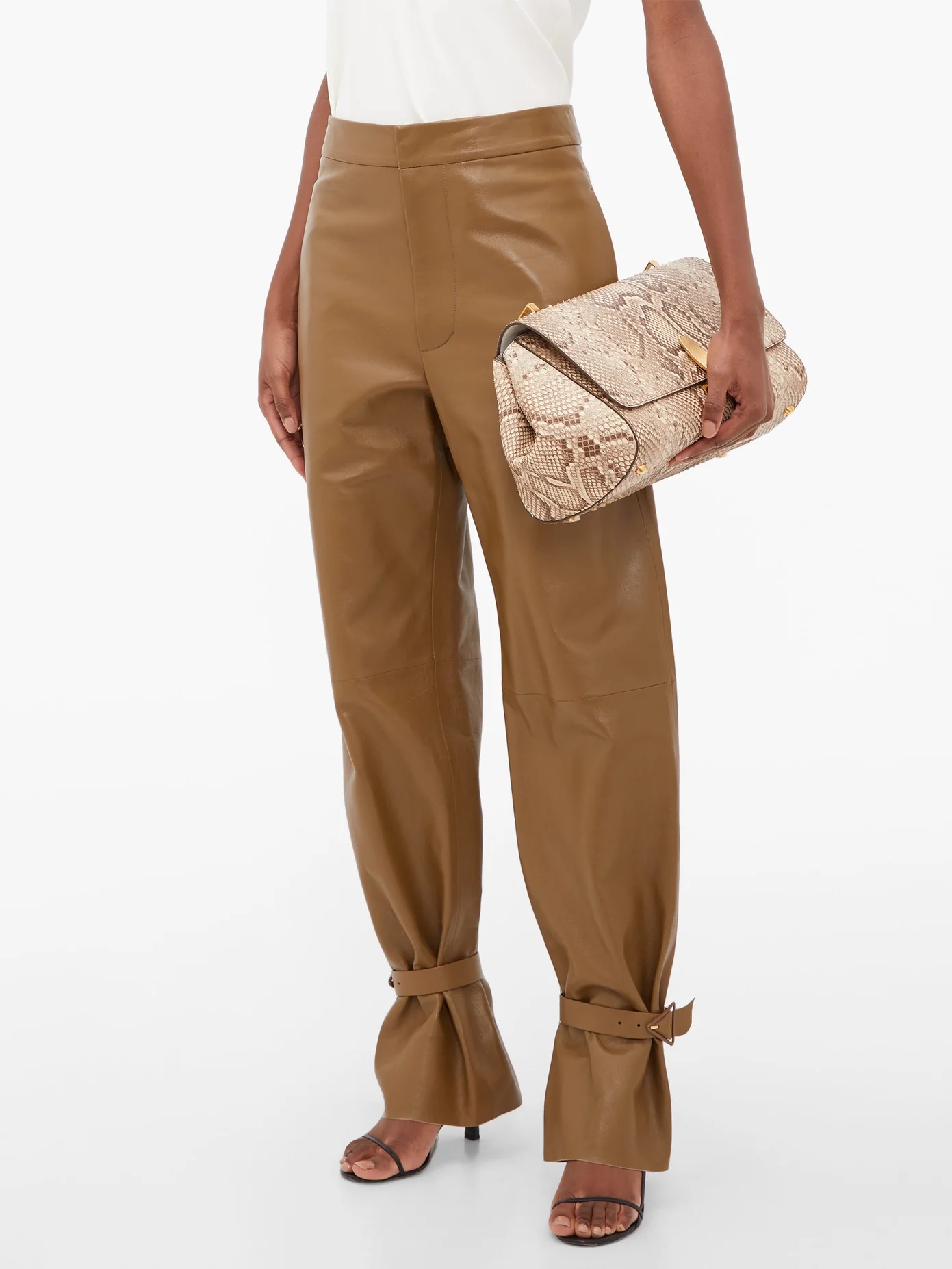 Cuffed ankle wide-leg leather trousers - 6