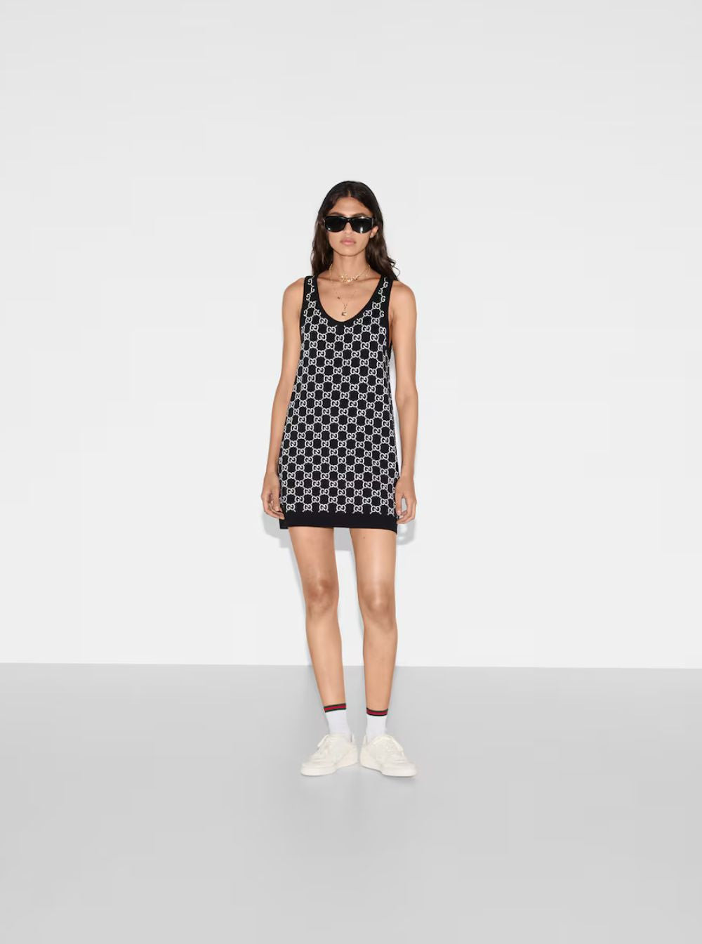 Gucci Women Black Sleeveless Mini Dress With Round Neck In Gg Canvas Woman - 4