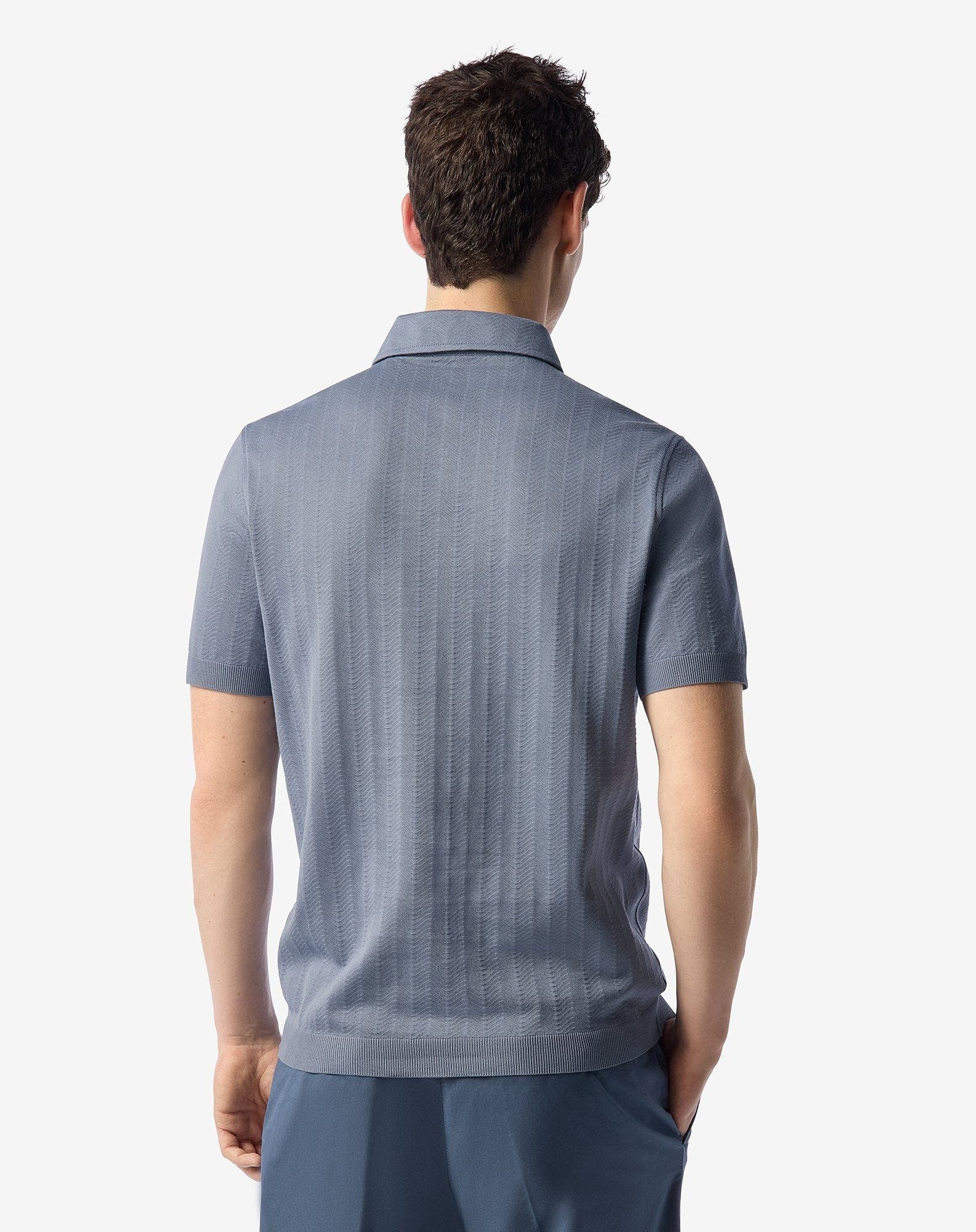Cerulean blue button-up lisle thread polo shirt - 3