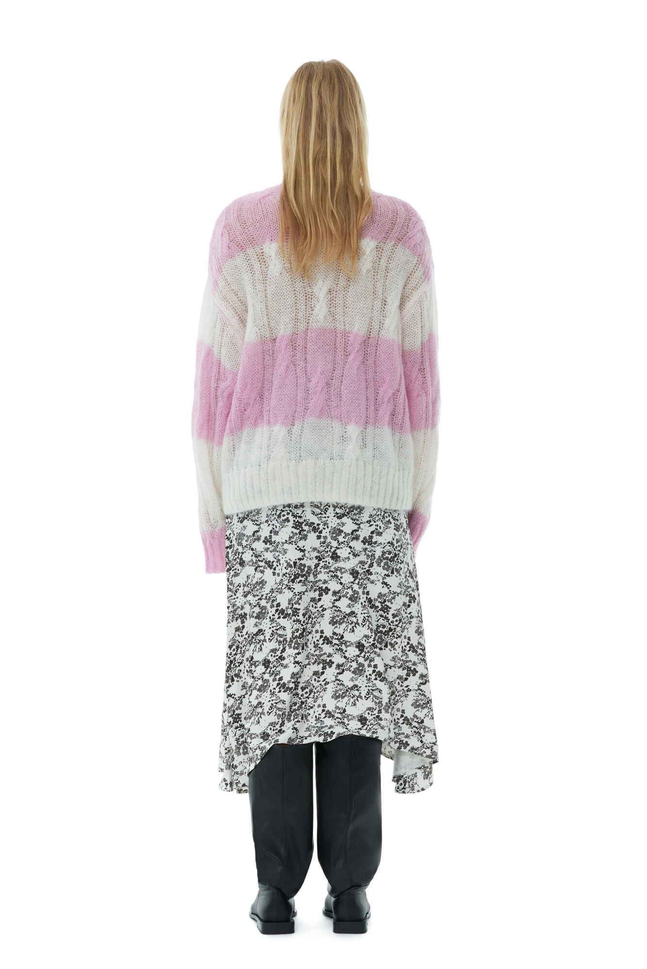 STRIPED MOHAIR CABLE O-NECK SWEATER - 5