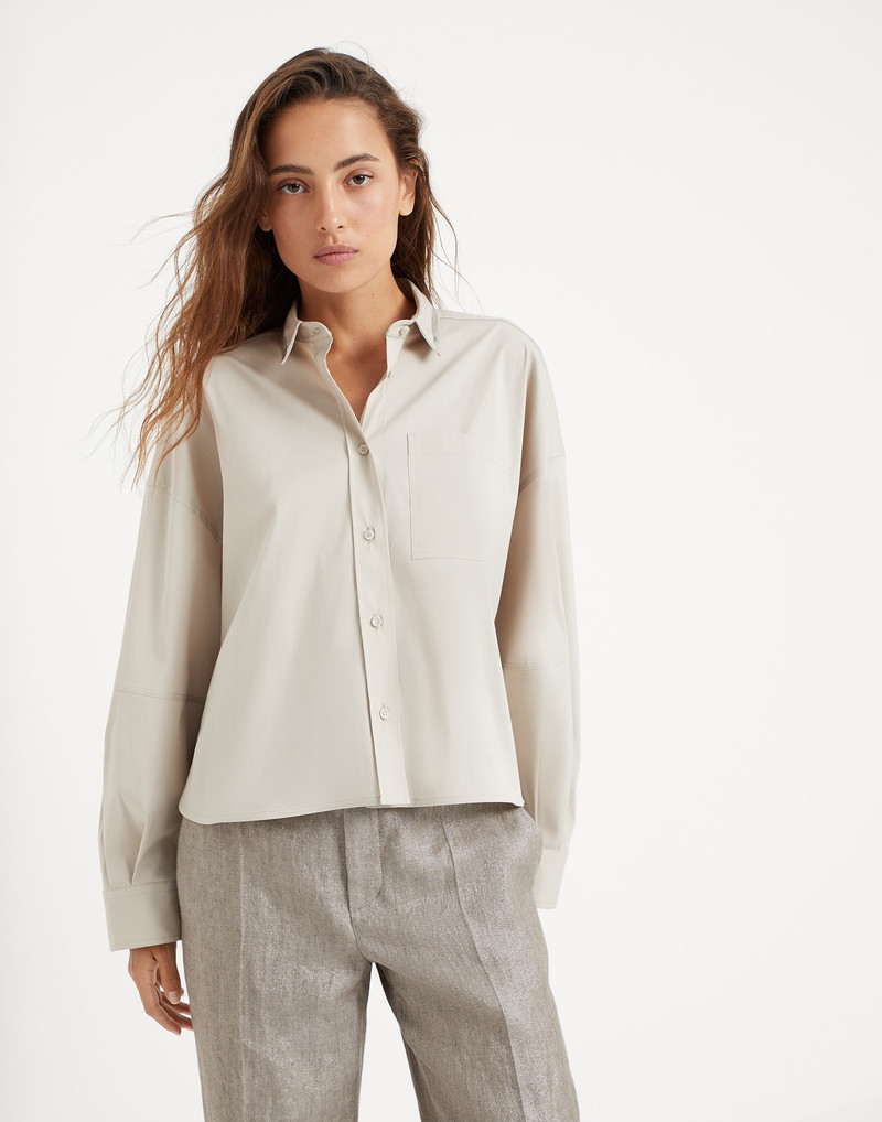 Stretch cotton poplin shirt with shiny collar trim 1