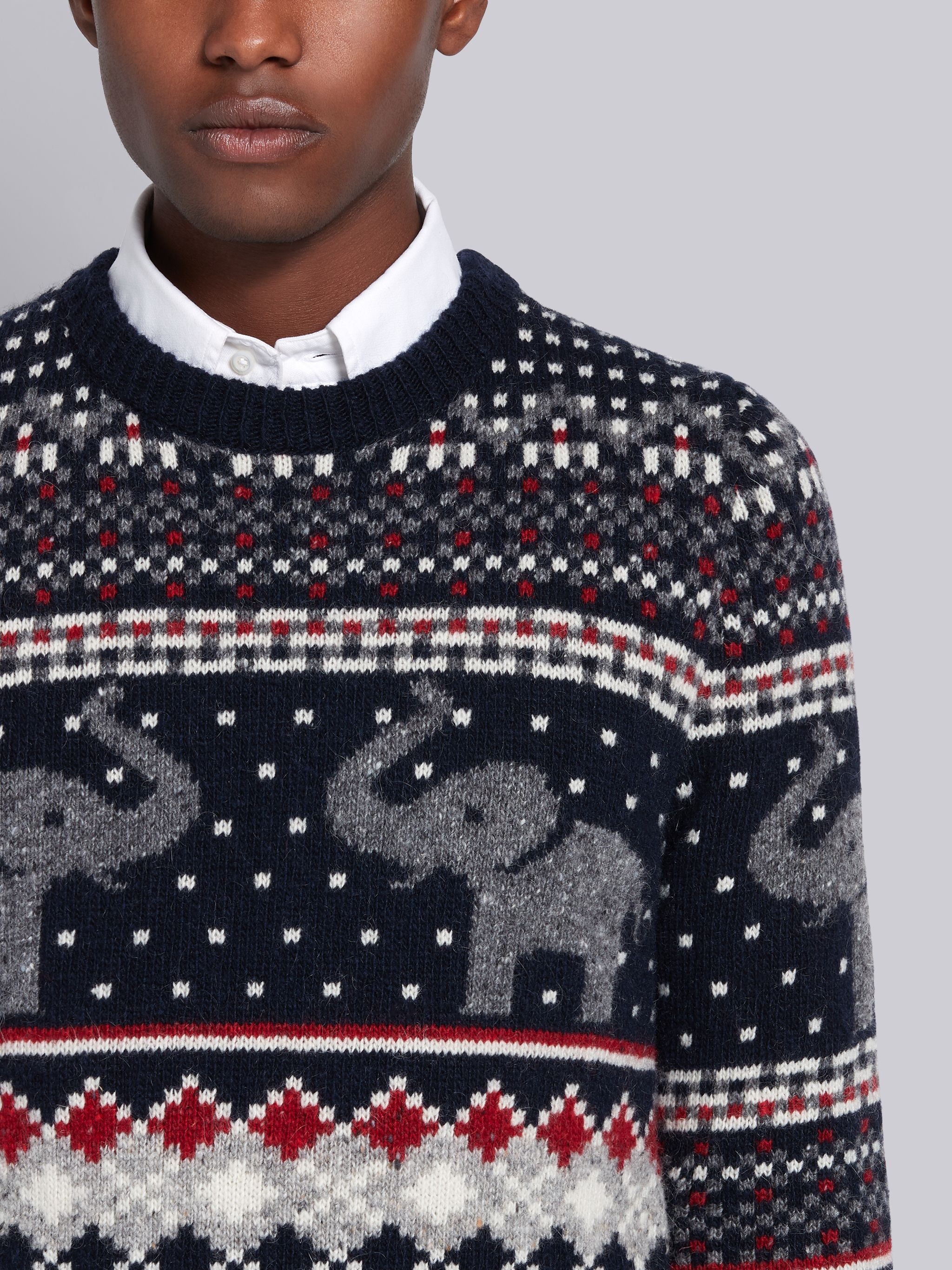 Tricolor Mohair Wool Elephant Icon Fair Isle Crewneck Pullover - 5