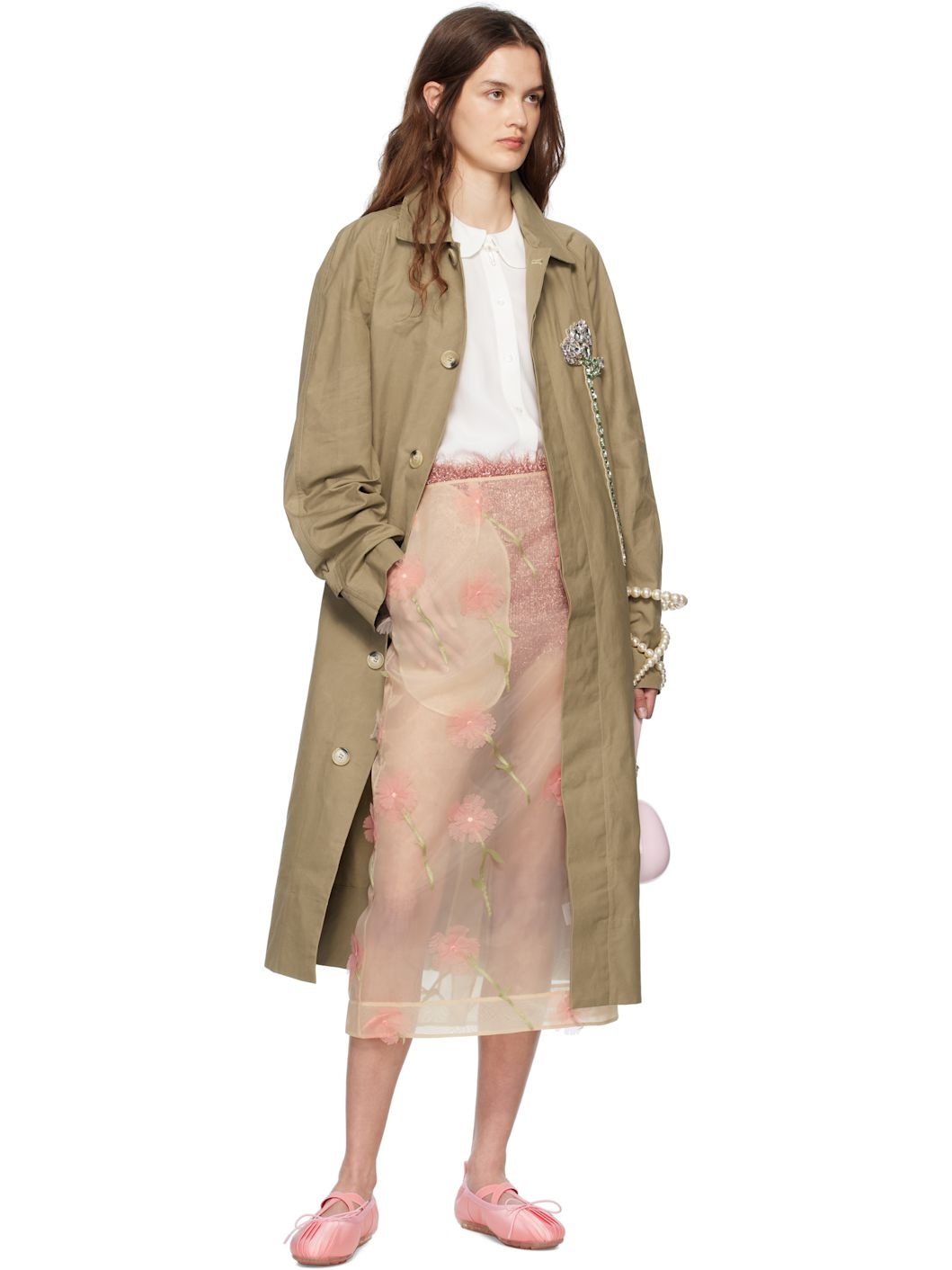 Beige Embellished Carnation Car Coat - 5