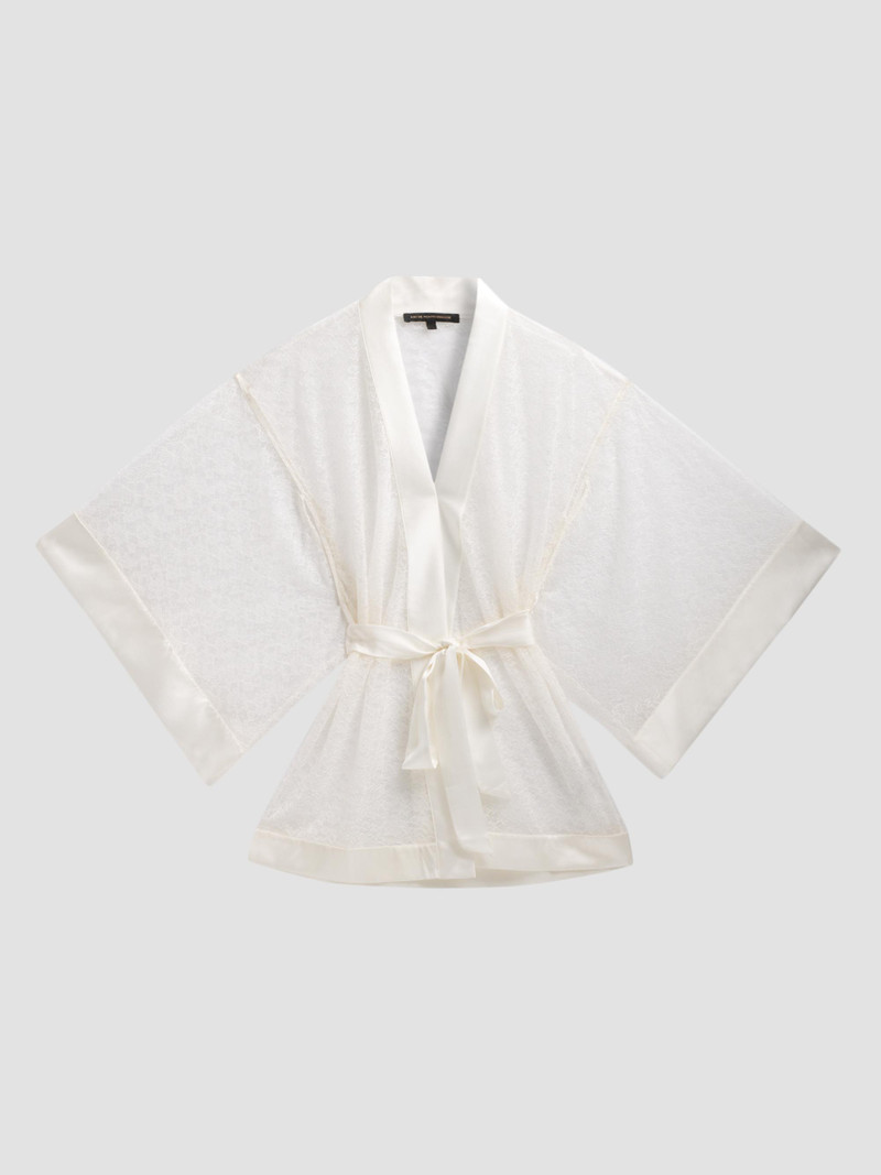 Women's Petite Fleur Silk Lace Kimono-Style Robe - Ivory 1