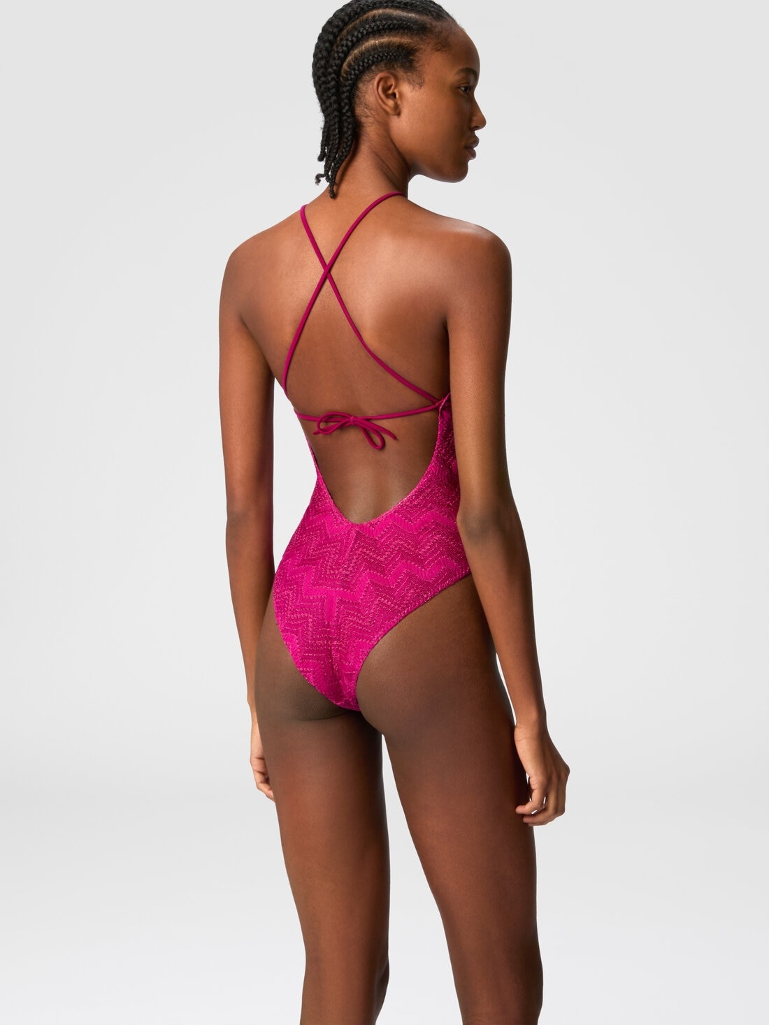 Zig zag lamé viscose one-piece swimsuit with halter neck - 3