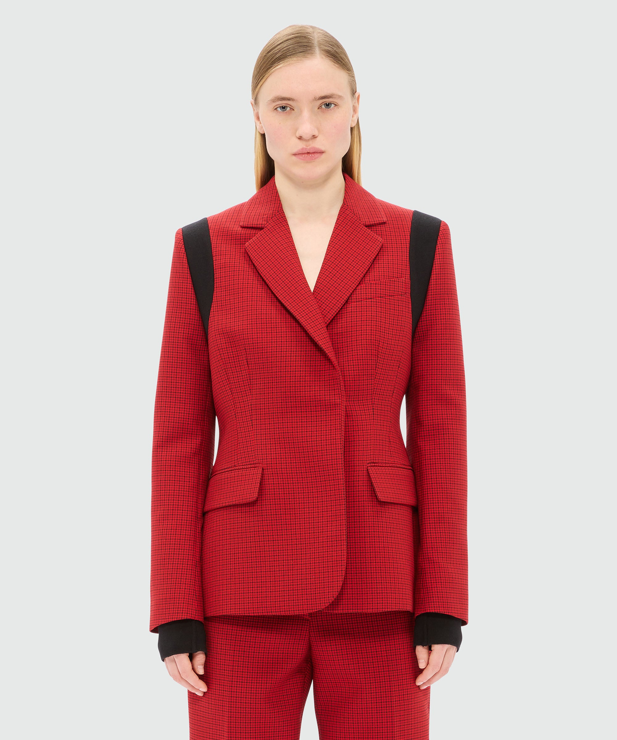 Red single-breasted jacket with check pattern - 2