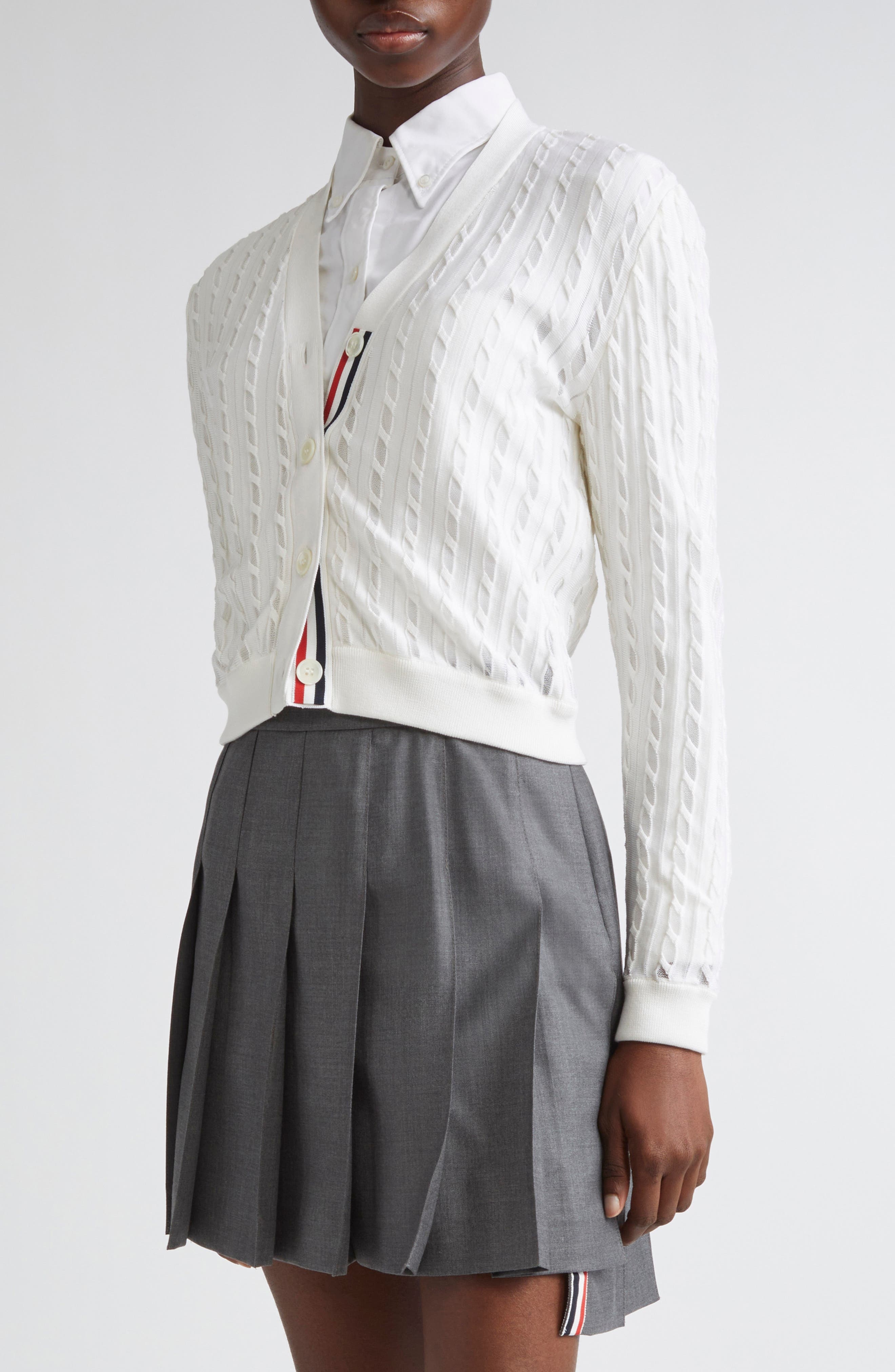 Thom Browne Semisheer Baby Cable Knit Cardigan in White at Nordstrom - 5