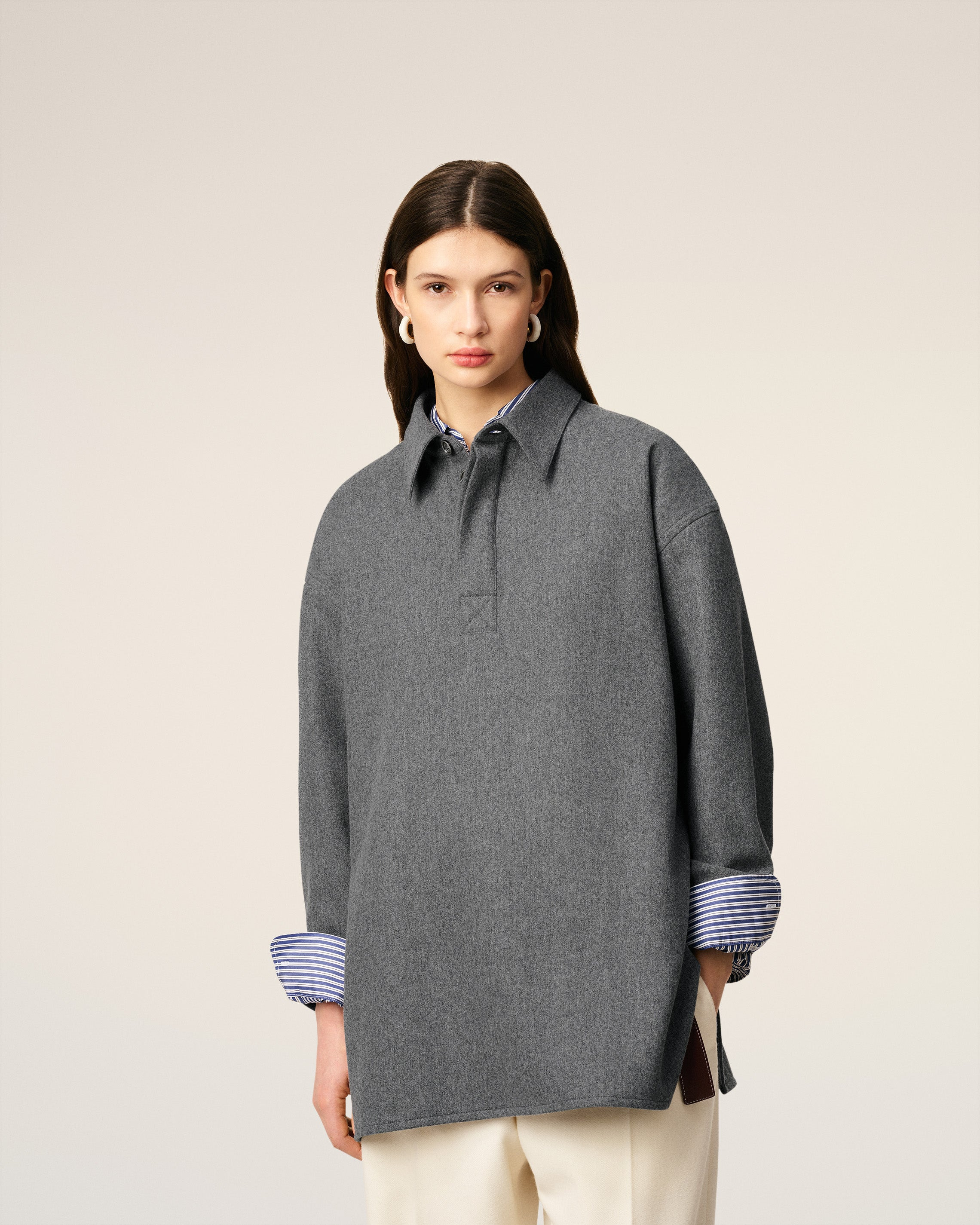 GREY WOOL  LONG  SLEEVES POLO SHIRT - 3