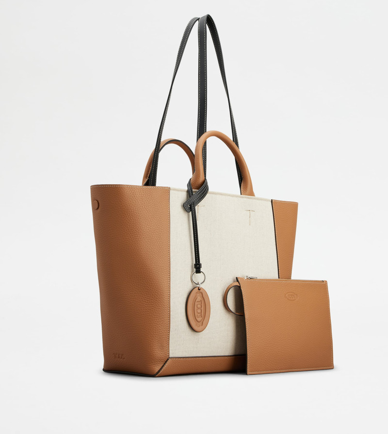 TOD'S DOUBLE UP SHOPPING BAG IN LEATHER AND CANVAS MEDIUM - BROWN, OFF WHITE 3