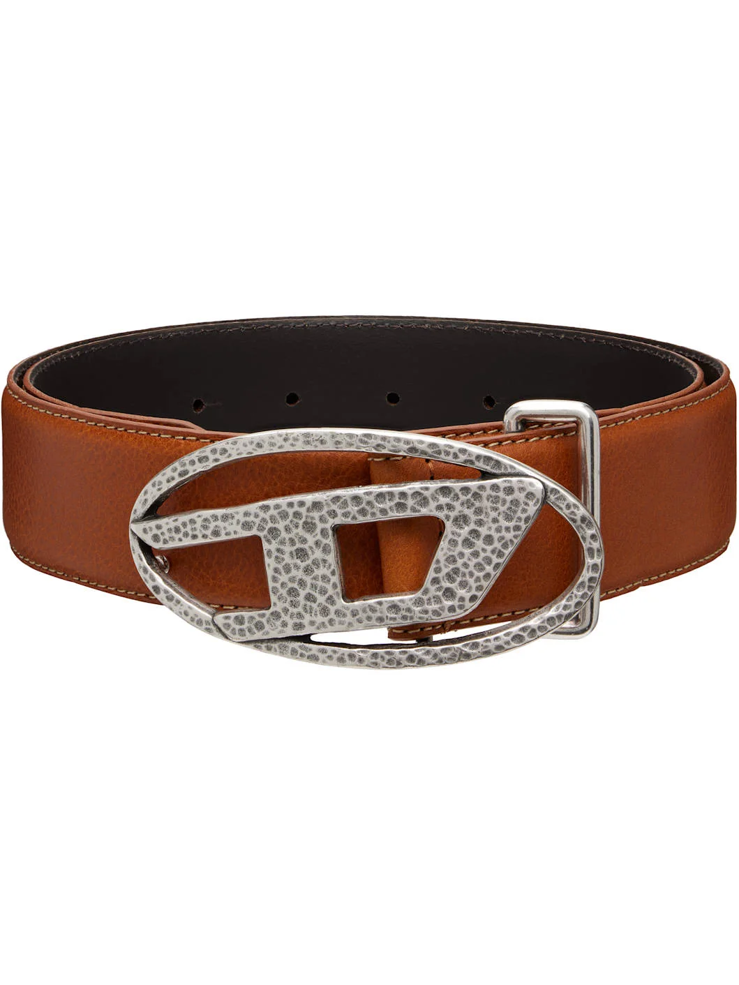 Brown 4cm Leather Hammered Oval 'D' Buckle Belt - 1