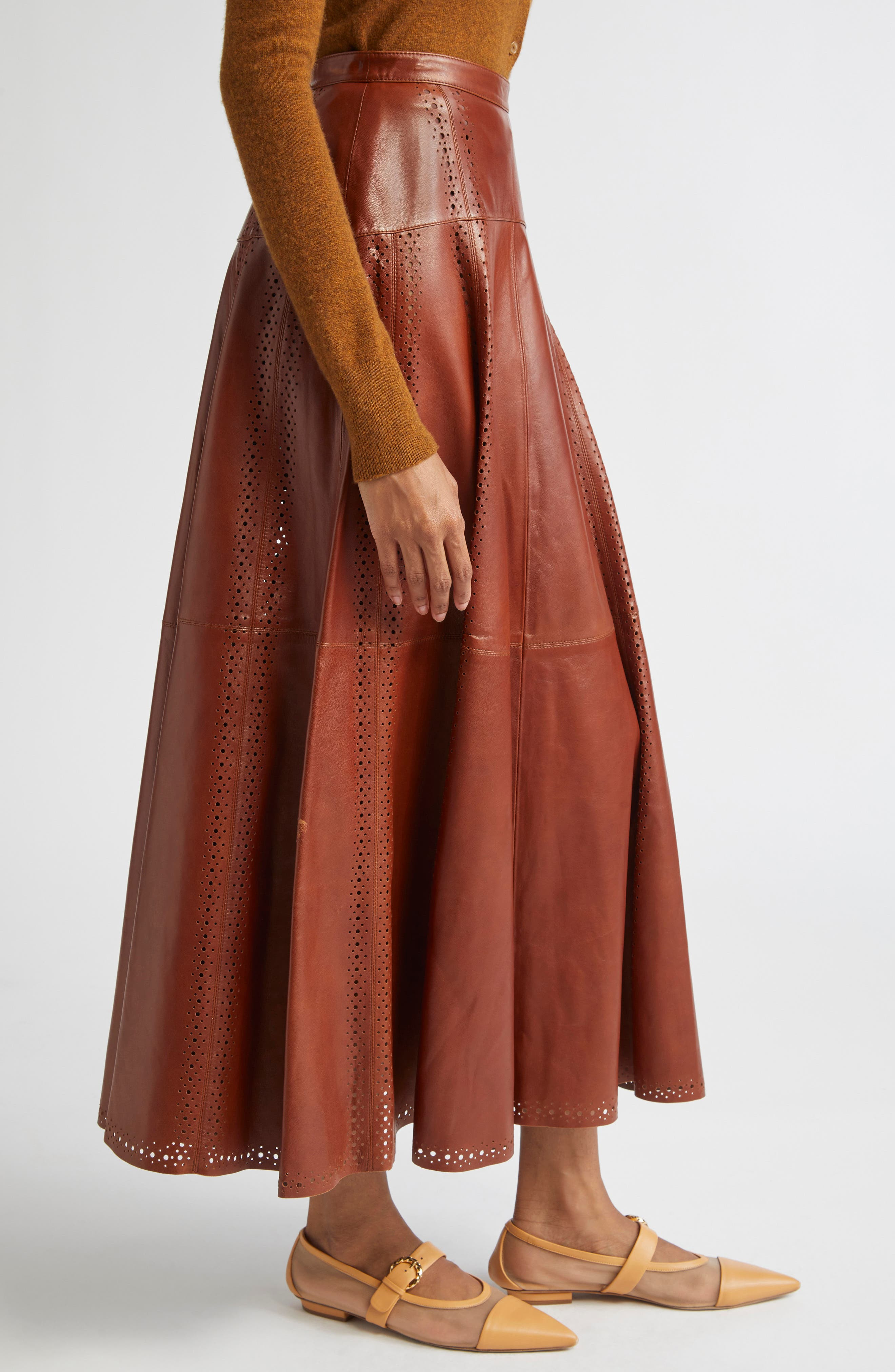 Ulla Johnson Aninda Eyelet Trim Leather A-Line Skirt in Wenge at Nordstrom - 4