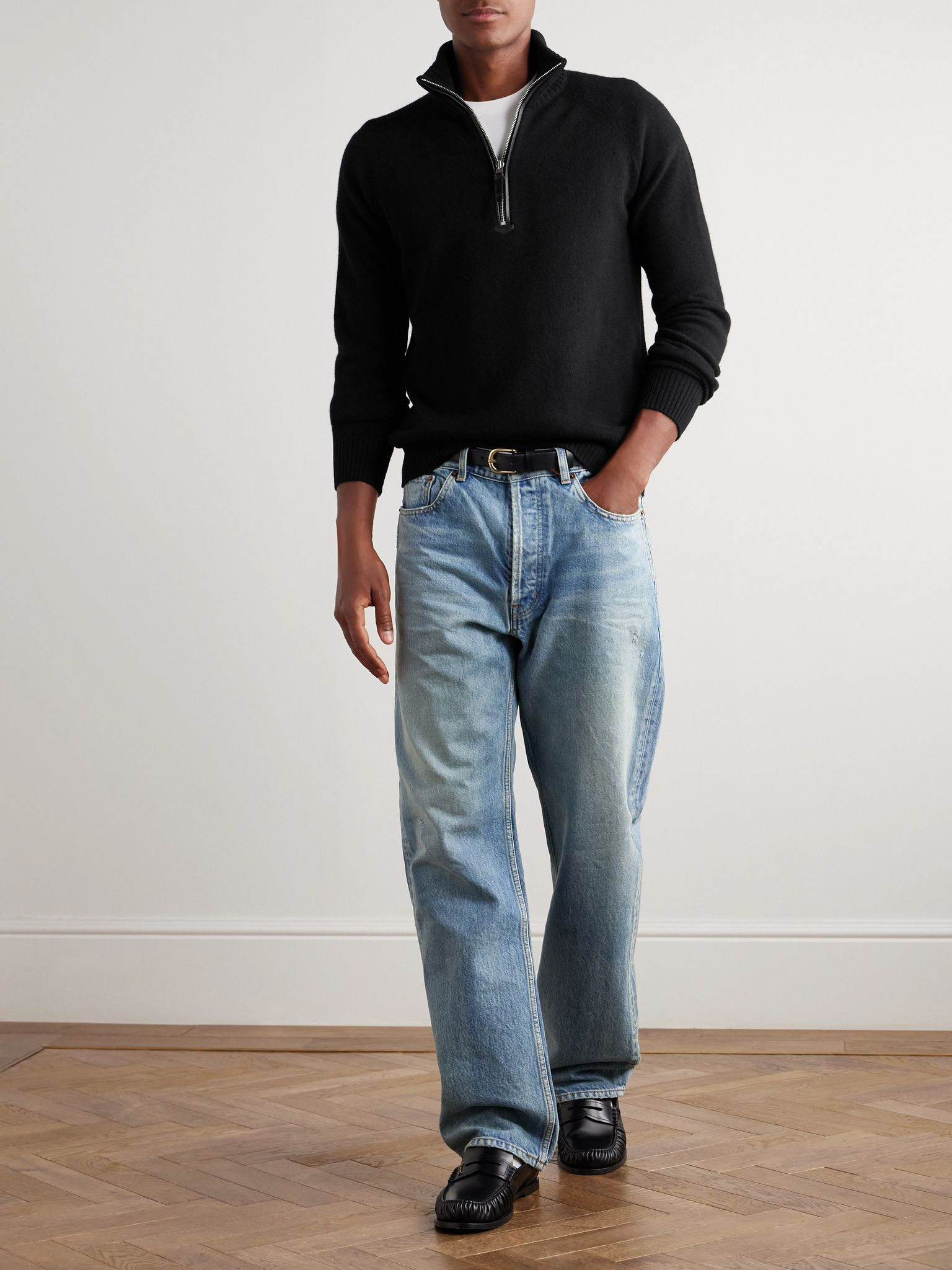 Wool and Cashmere-Blend Half-Zip Rollneck Sweater Black - 2