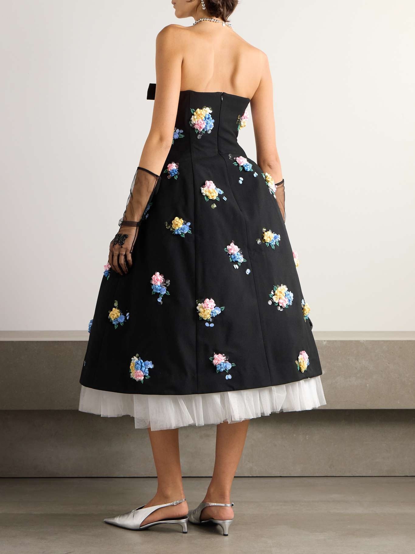 Strapless bow-detailed embellished twill midi dress - 3