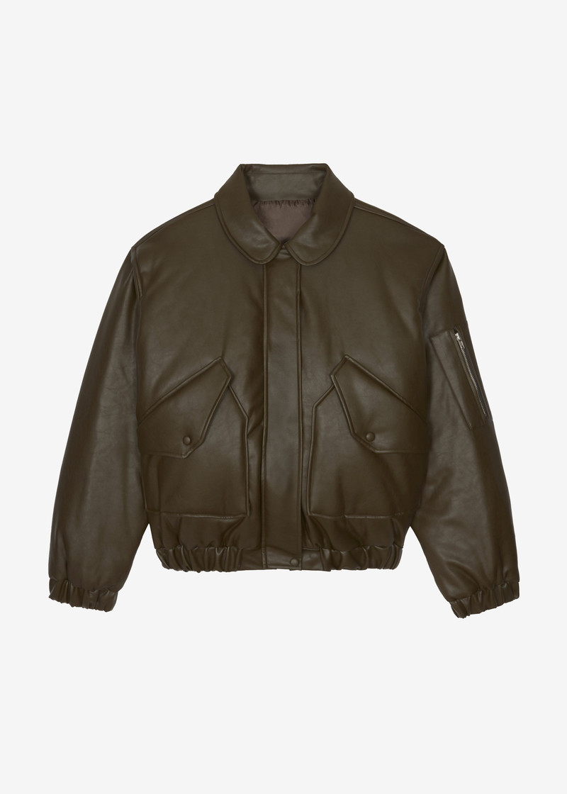 Blane Faux Leather Padded Bomber Jacket - Khaki Brown 1