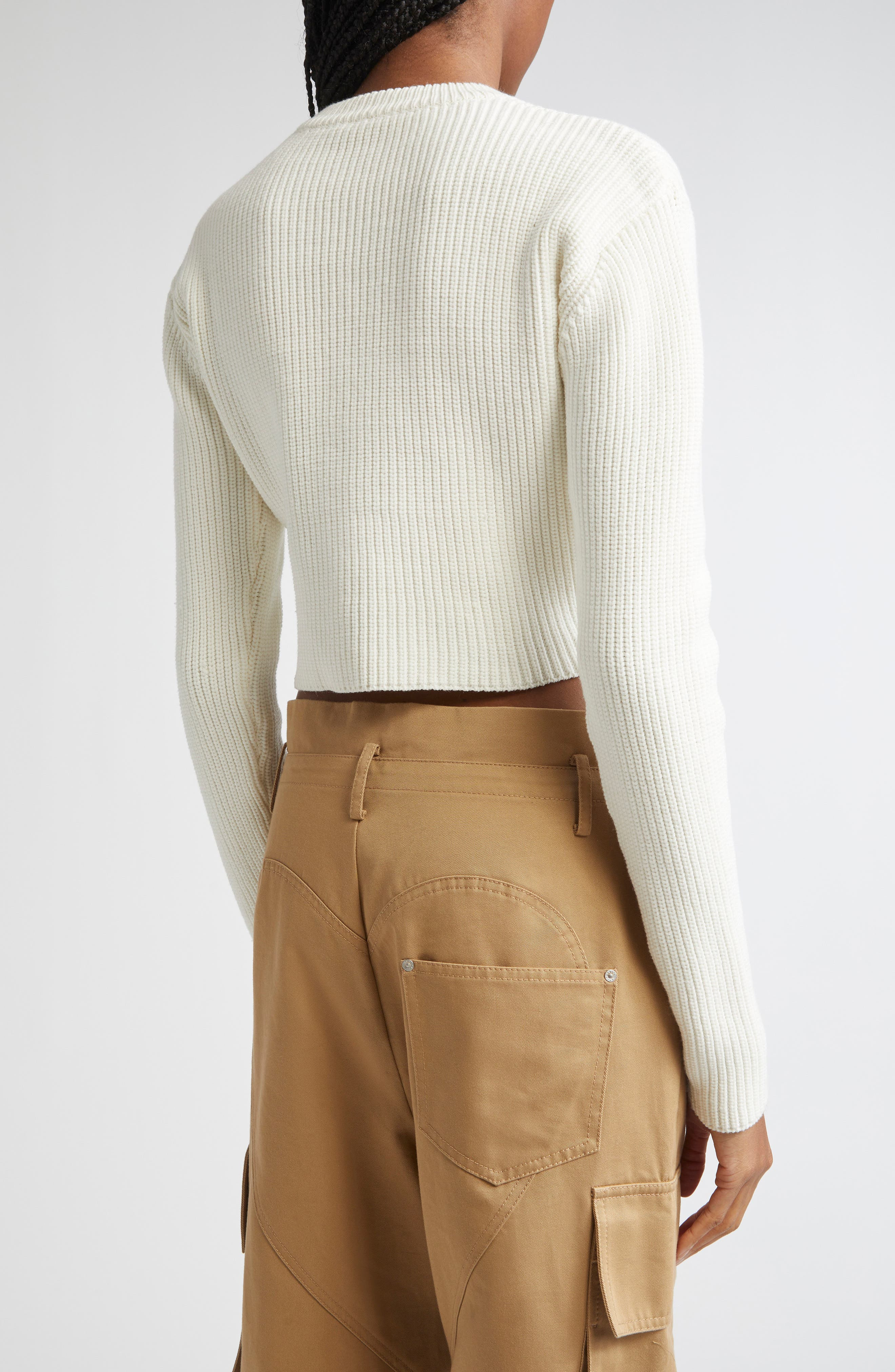 Area Crystal Flower & Crochet Heart Appliqué Crop Rib Sweater in Off White at Nordstrom - 3