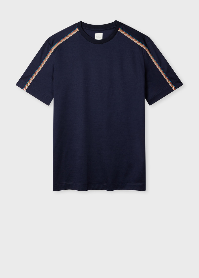 Navy Mercerised Cotton 'Signature Stripe' Shoulder Trim T-Shirt 1