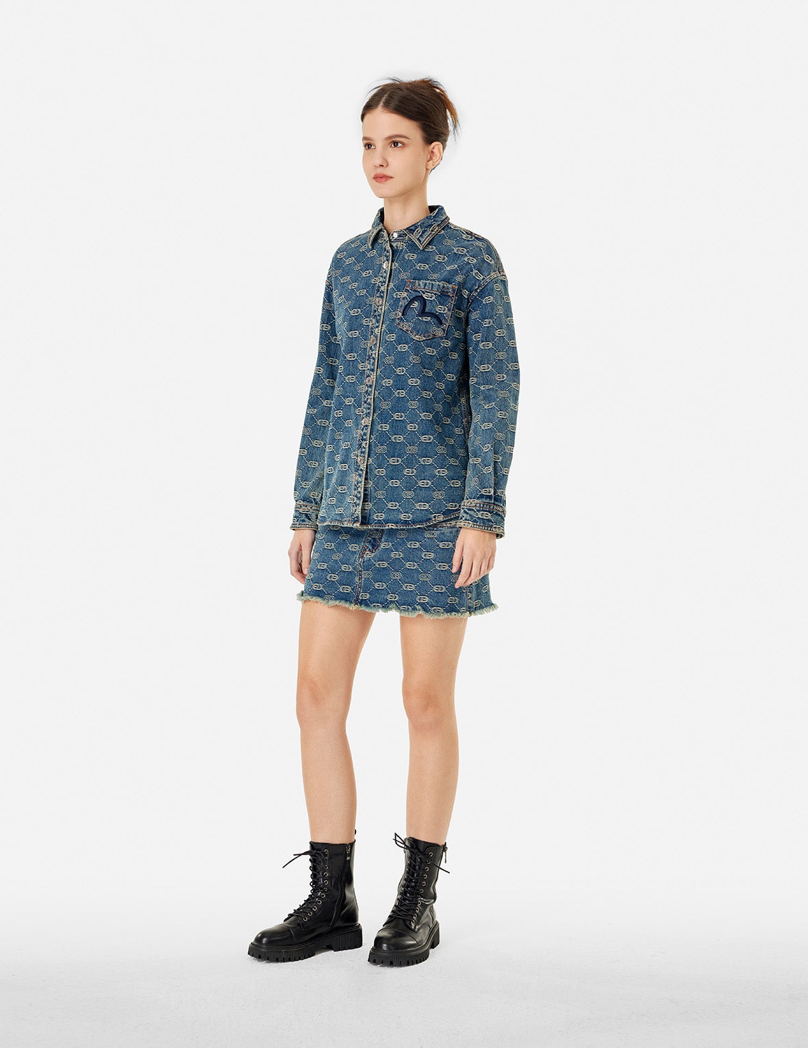 Allover Logo Jacquard and Seagull Embroidery Boyfriend Fit Denim Shirt Jacket - 3