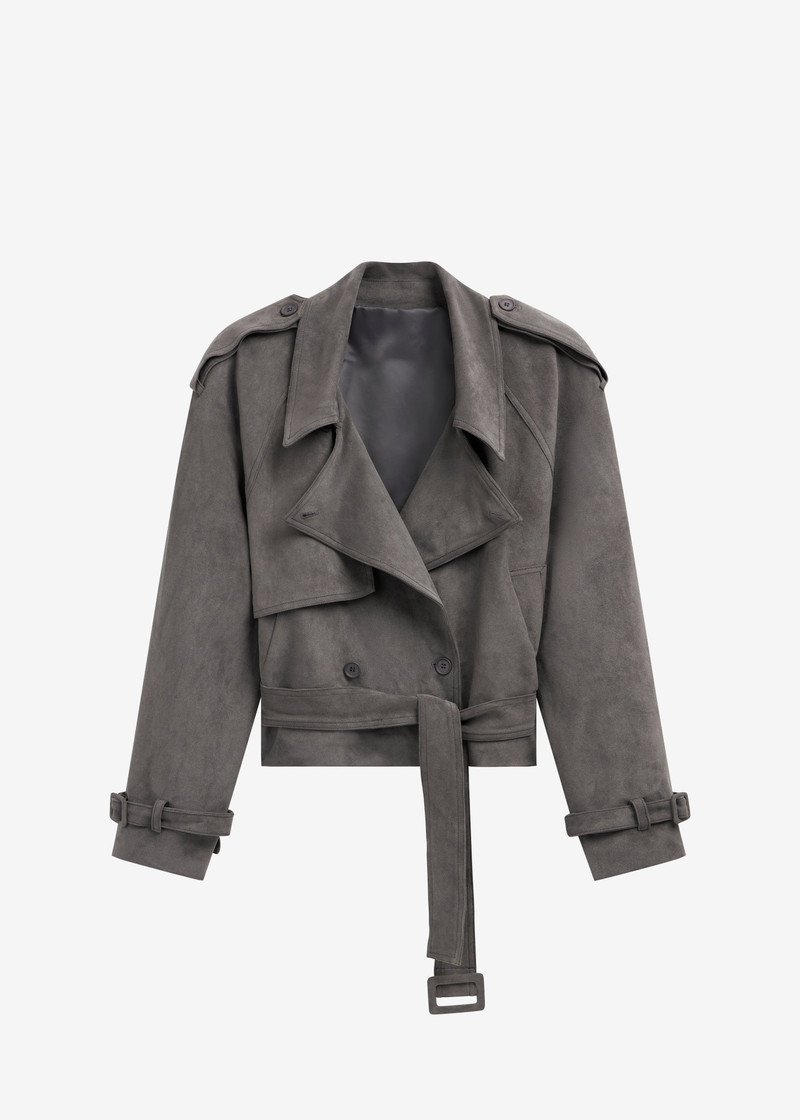Islington Faux Suede Cropped Trench - Grey 1