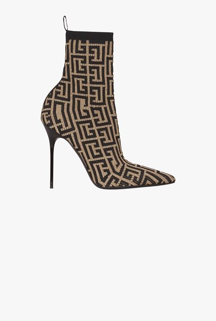 Bicolor shiny stretch knit Skye ankle boots with gold and black Balmain monogram - 1