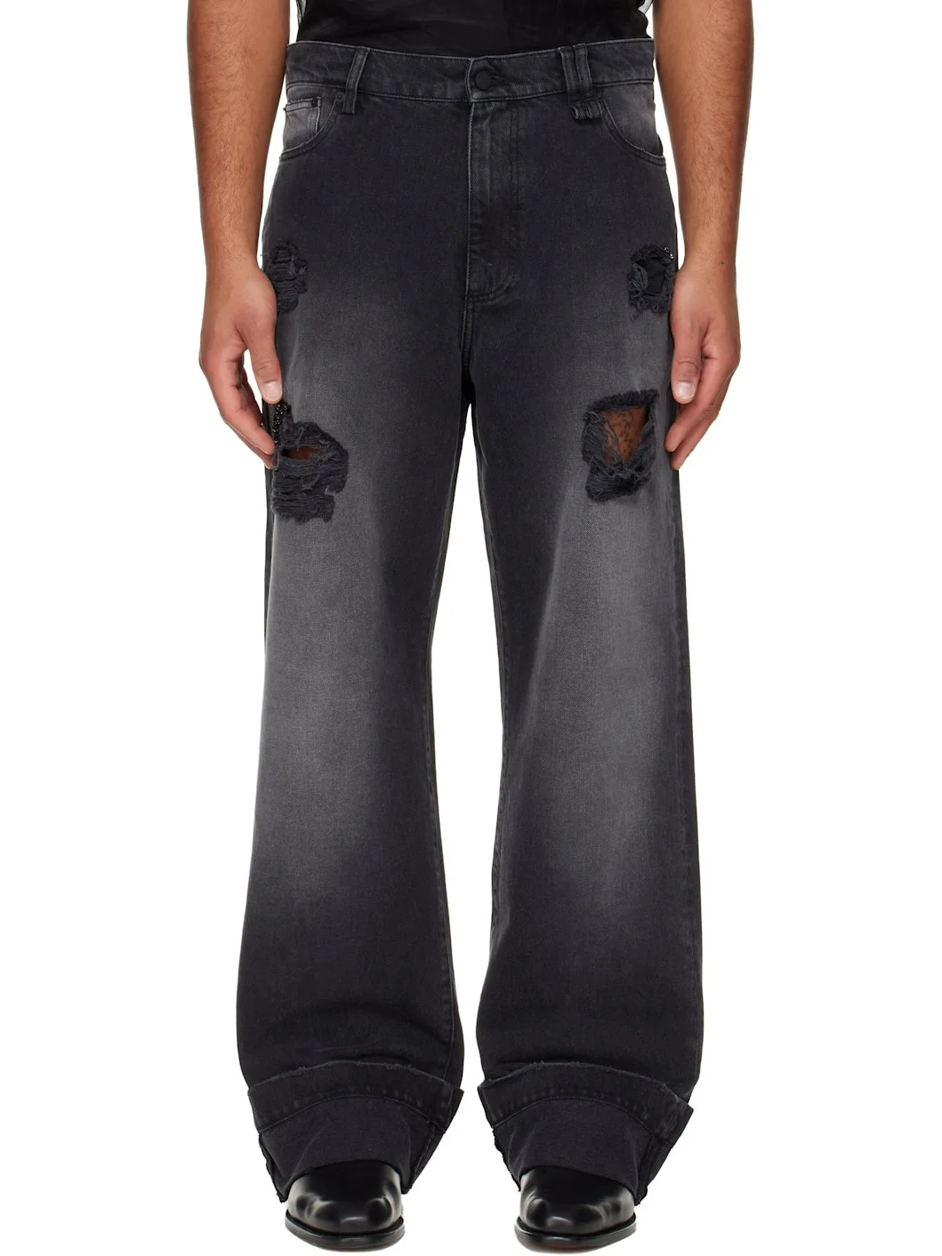 Black Embellished Straight Leg Jeans - 1