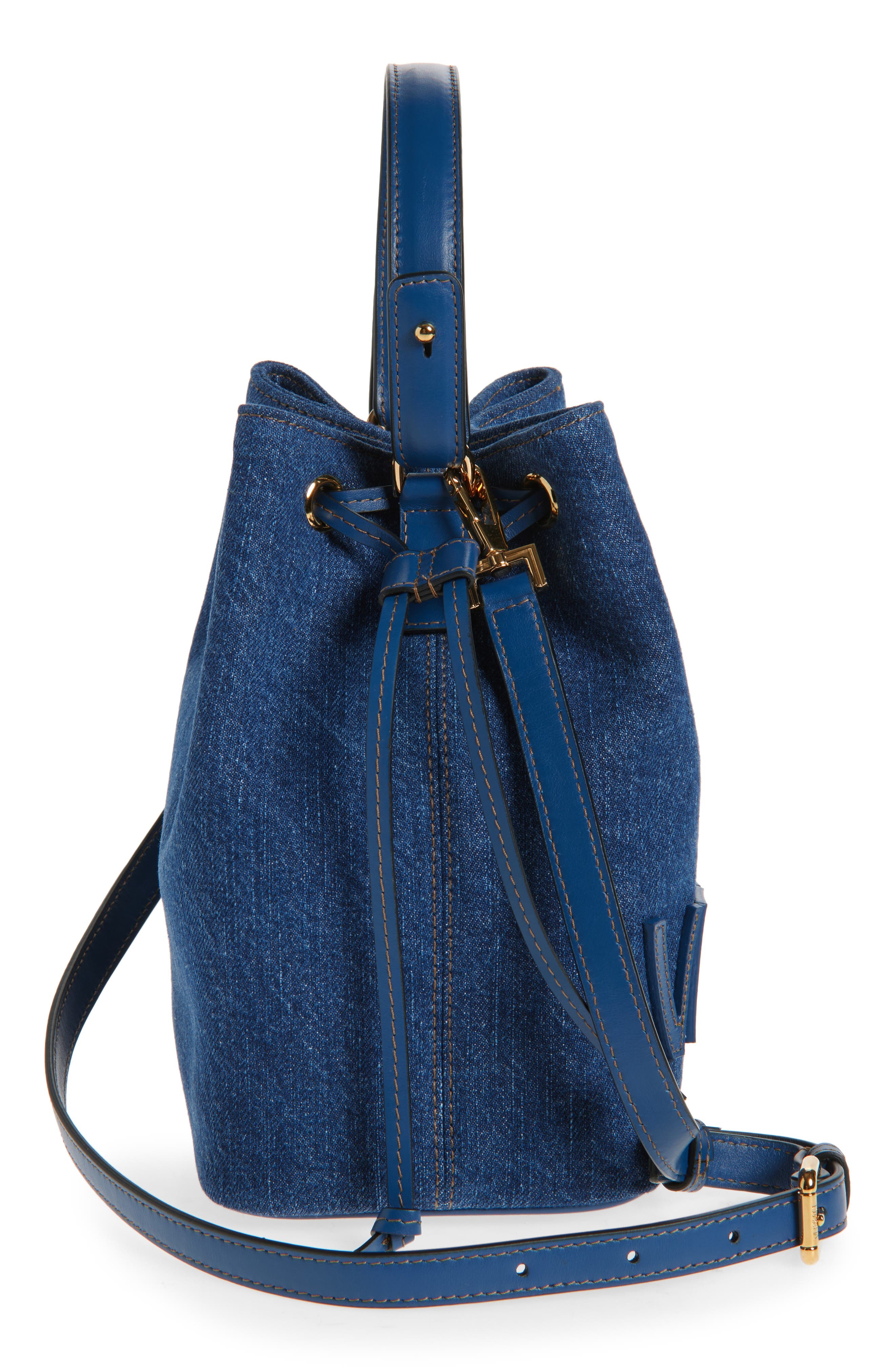 Versace La Medusa Denim Bucket Bag in Navy Blue Versace Gold at Nordstrom - 6