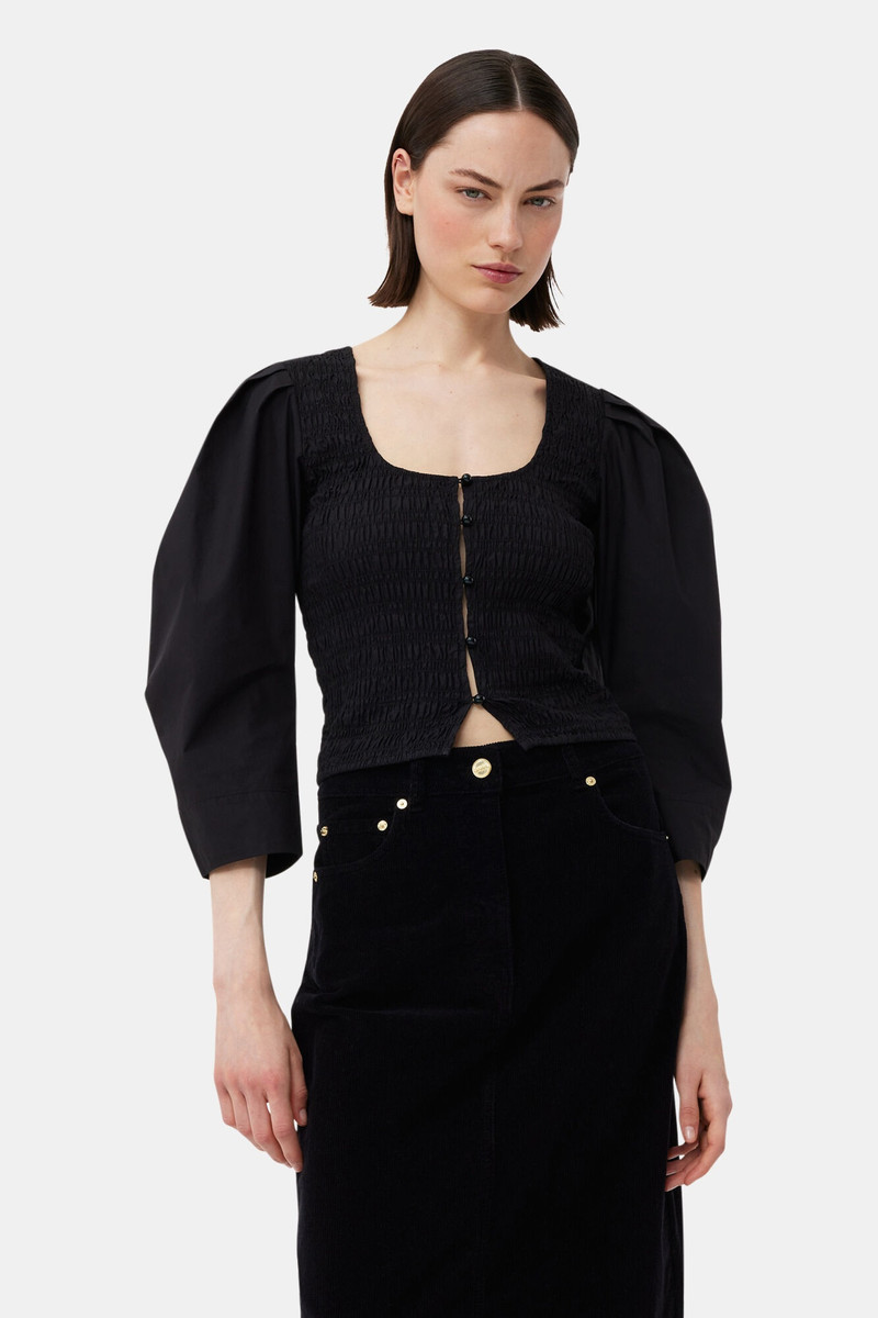 GANNI BLACK COTTON POPLIN SMOCK BLOUSE outlook