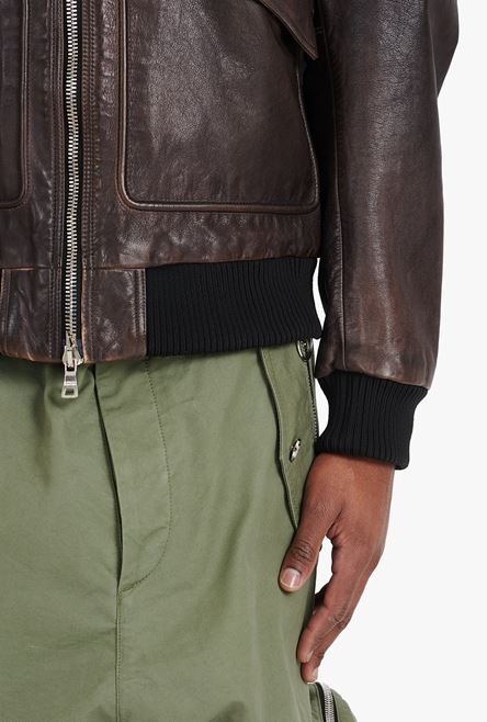 Brown leather teddy jacket with Balmain badges - 6