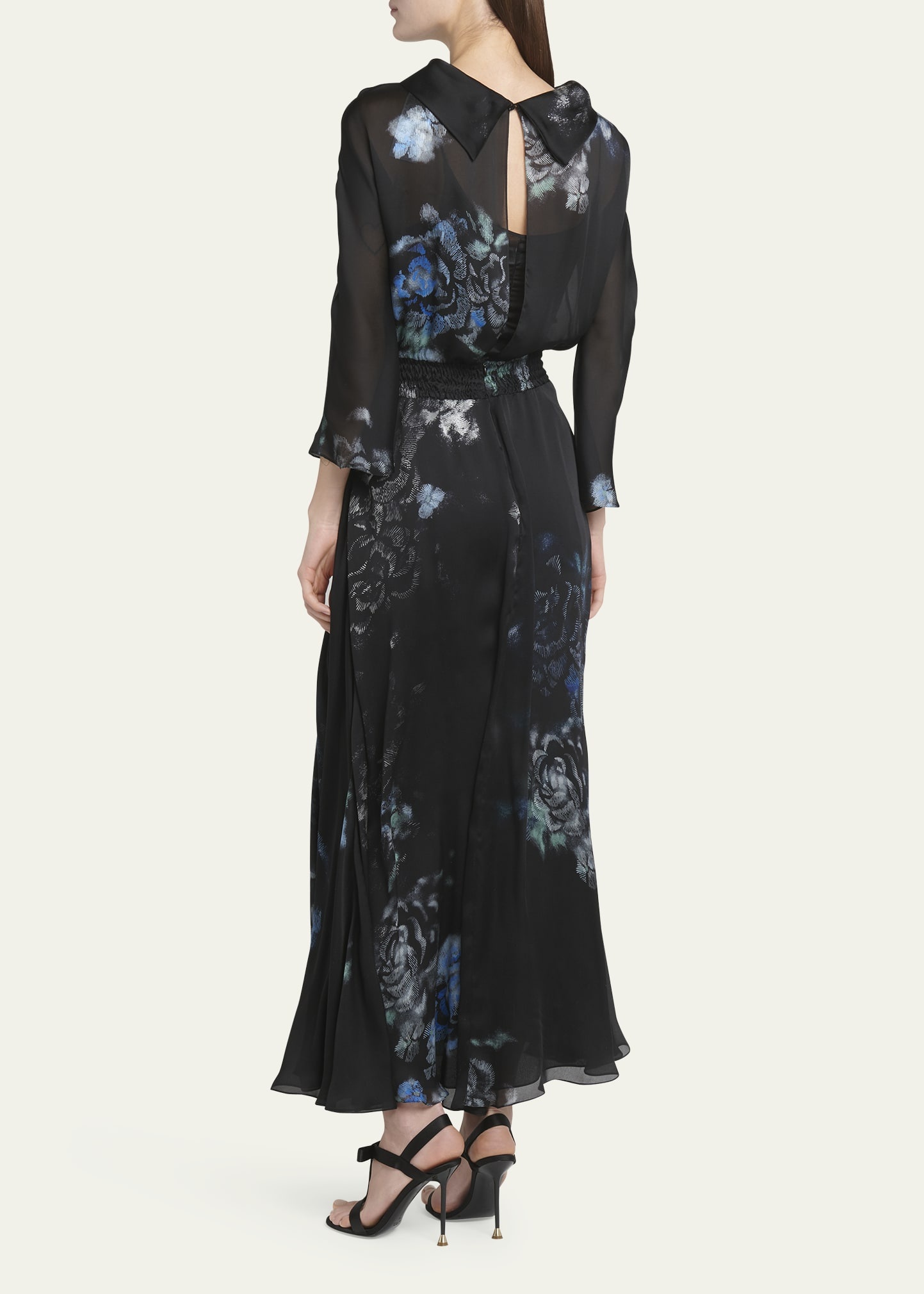 Floral Print Silk Gown with Smocked Waist - 3