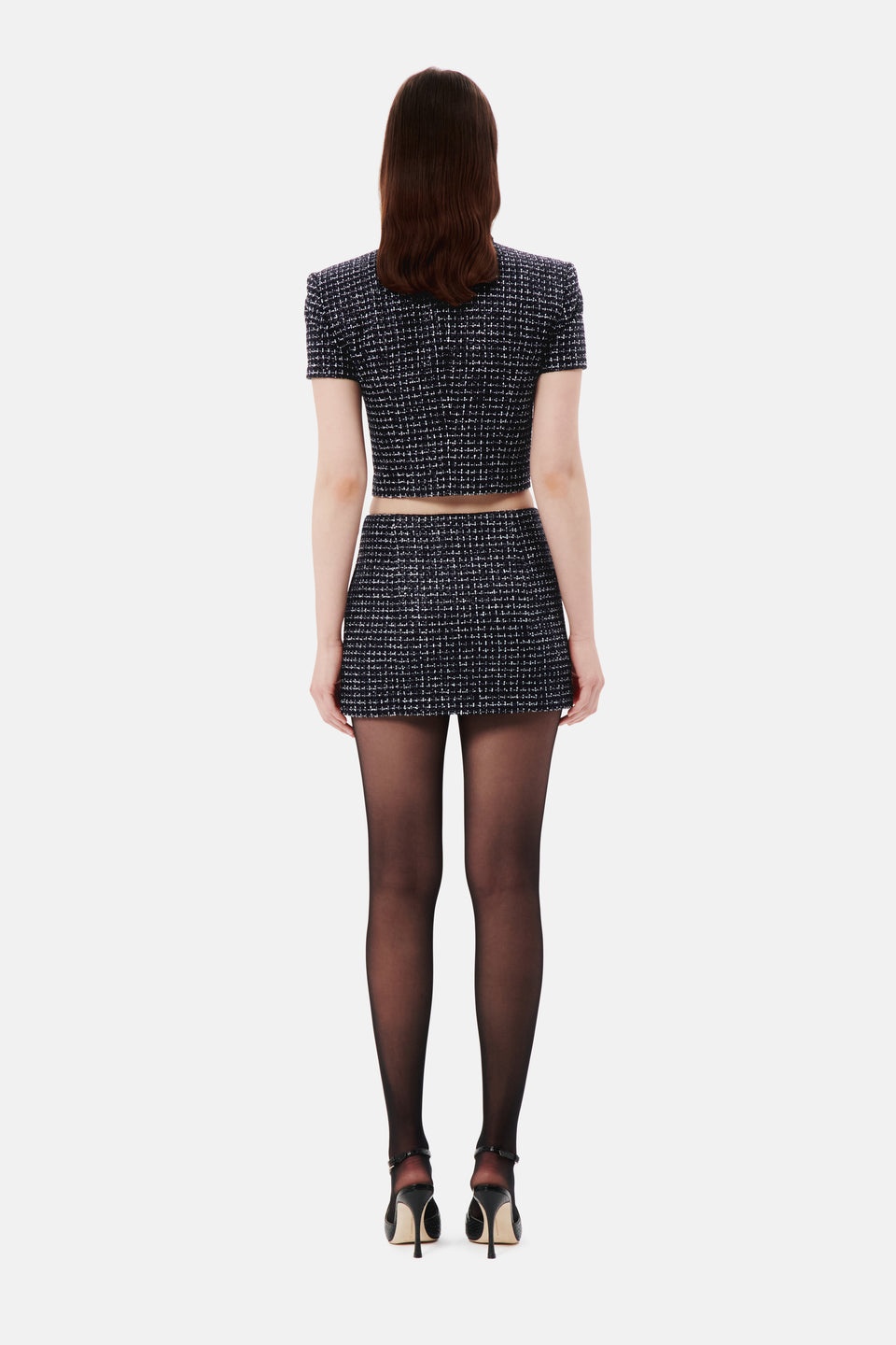 SEQUIN CHECKED TWEED CROPPED JACKET WITH BOW - 5