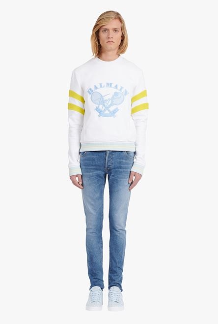 White eco-designed cotton sweatshirt with embroidered pale blue Balmain logo - 4