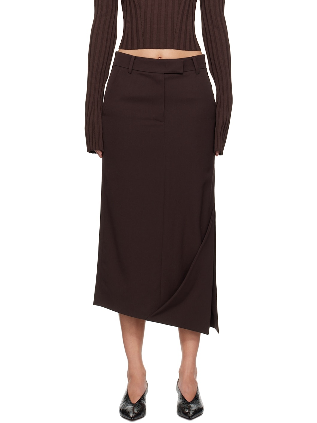 Burgundy Asymmetric Midi Skirt - 1