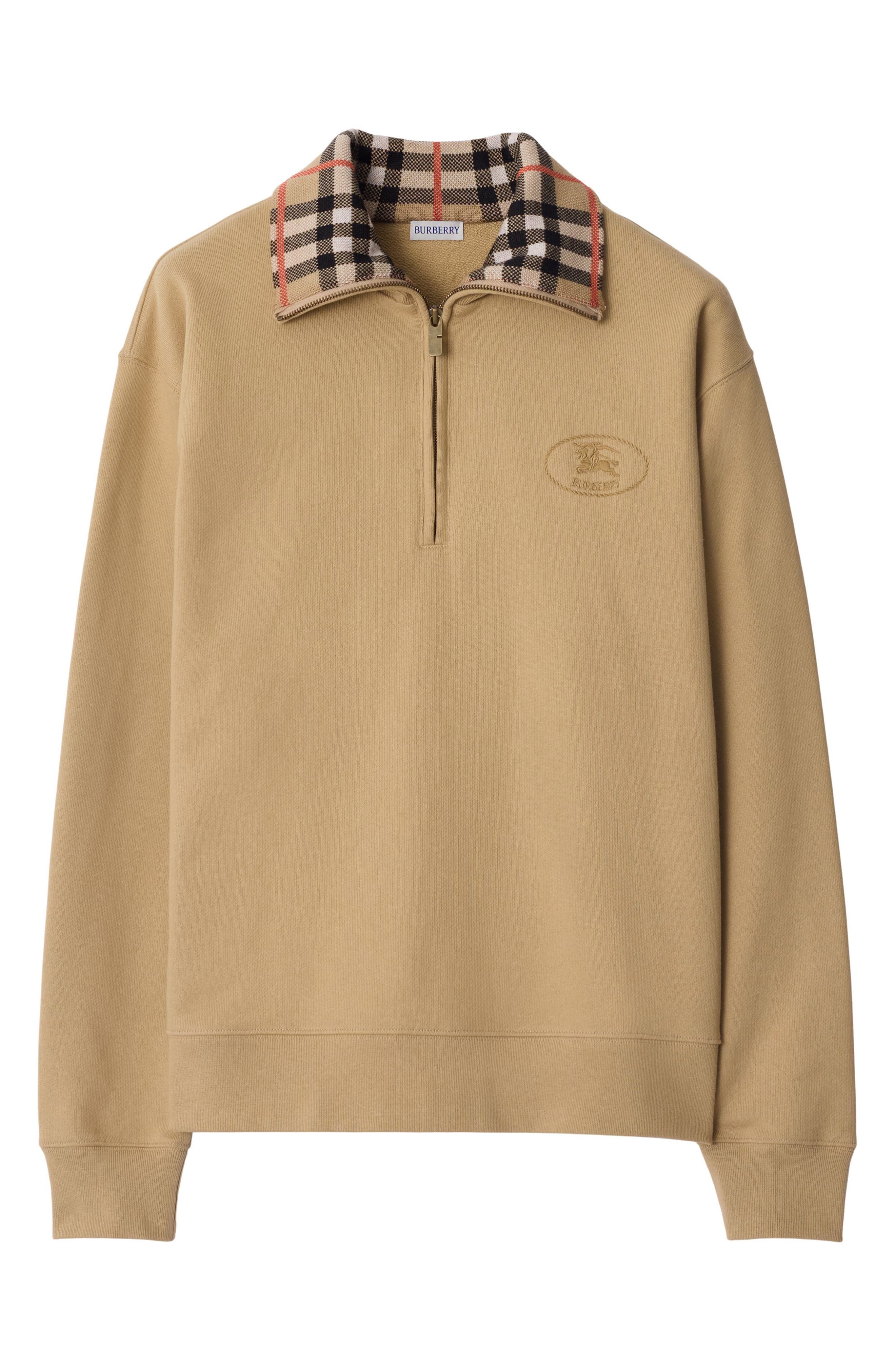 burberry EKD Stamp Check Trim French Terry Half Zip Sweatshirt in Flax at Nordstrom - 4