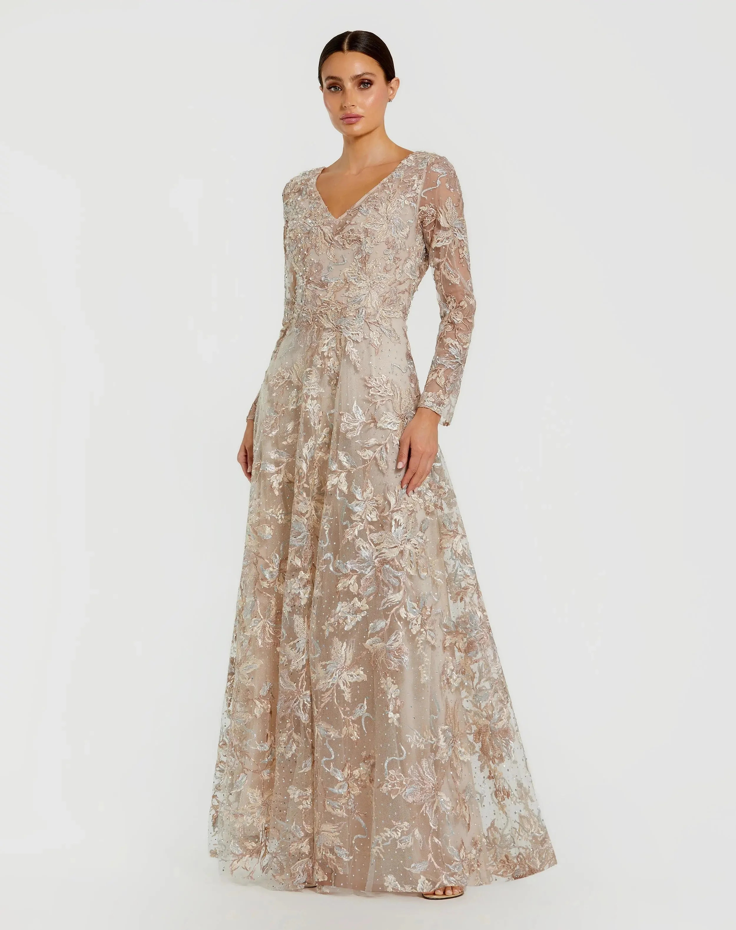 Beige Embroidered Long Sleeve A-Line Gown - 1