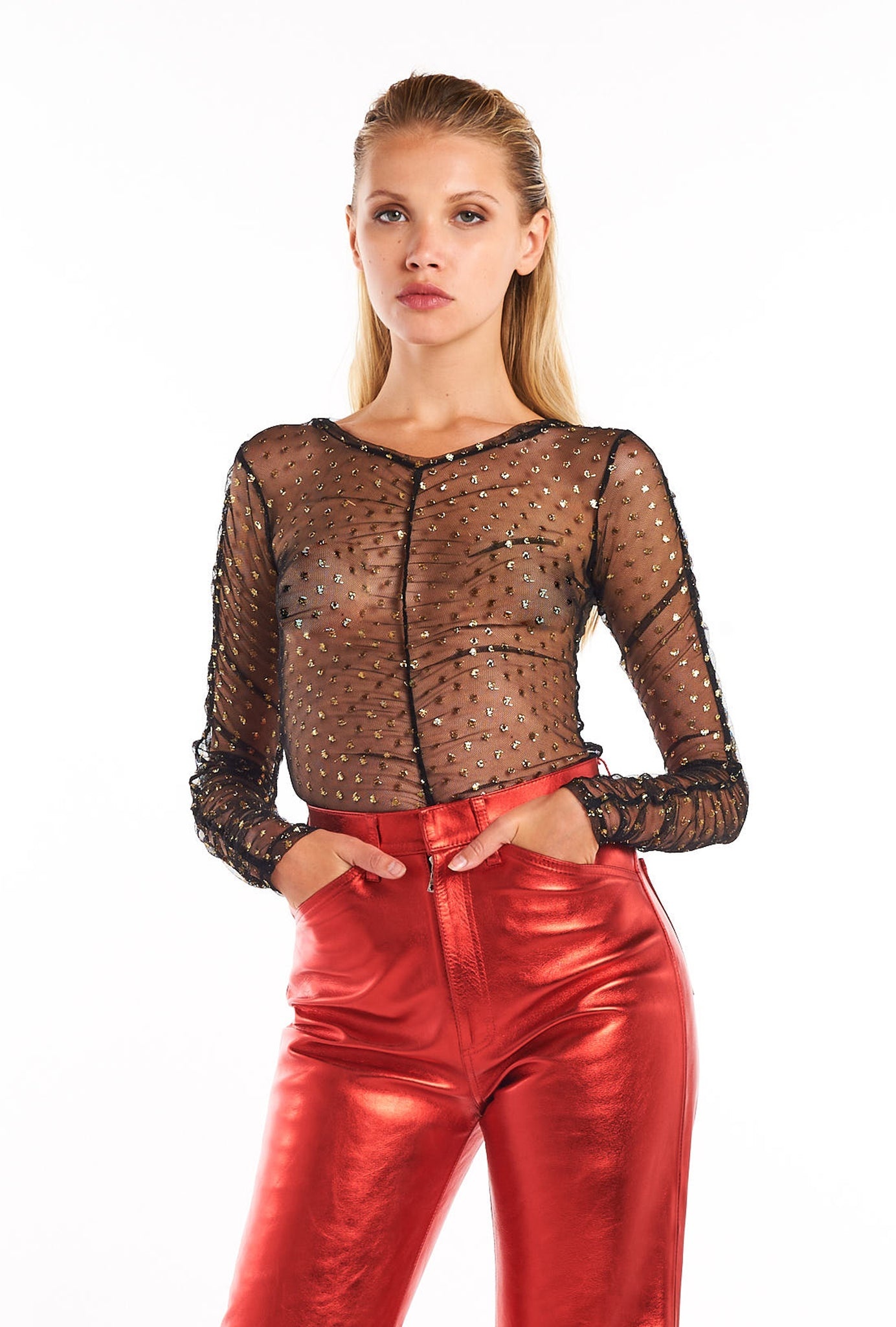 BLACK/GOLD MESH POLKA DOT TOP - 1
