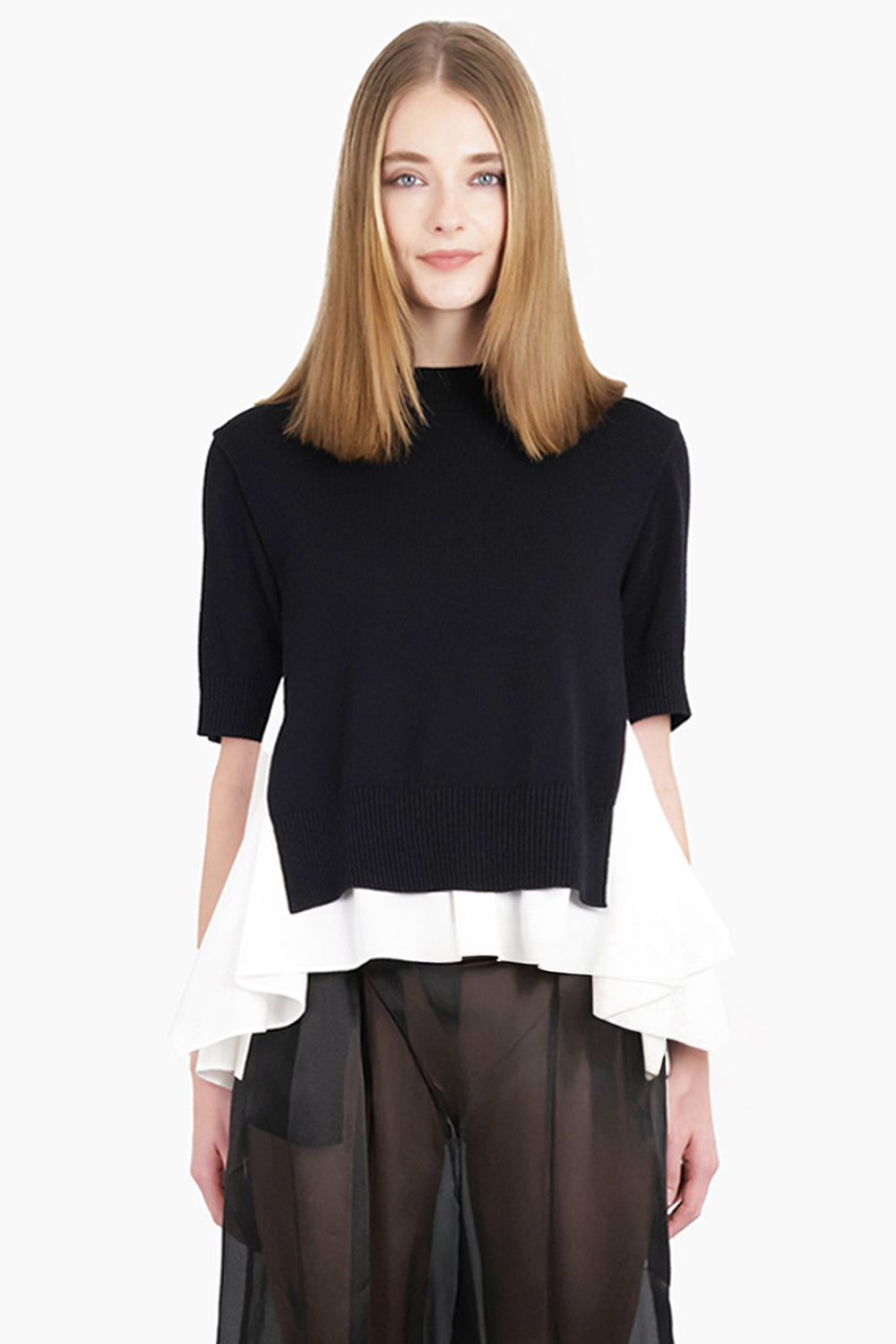 S/S KNIT X SHIRT STYLE TOP | BLACK/OFF WHITE - 3