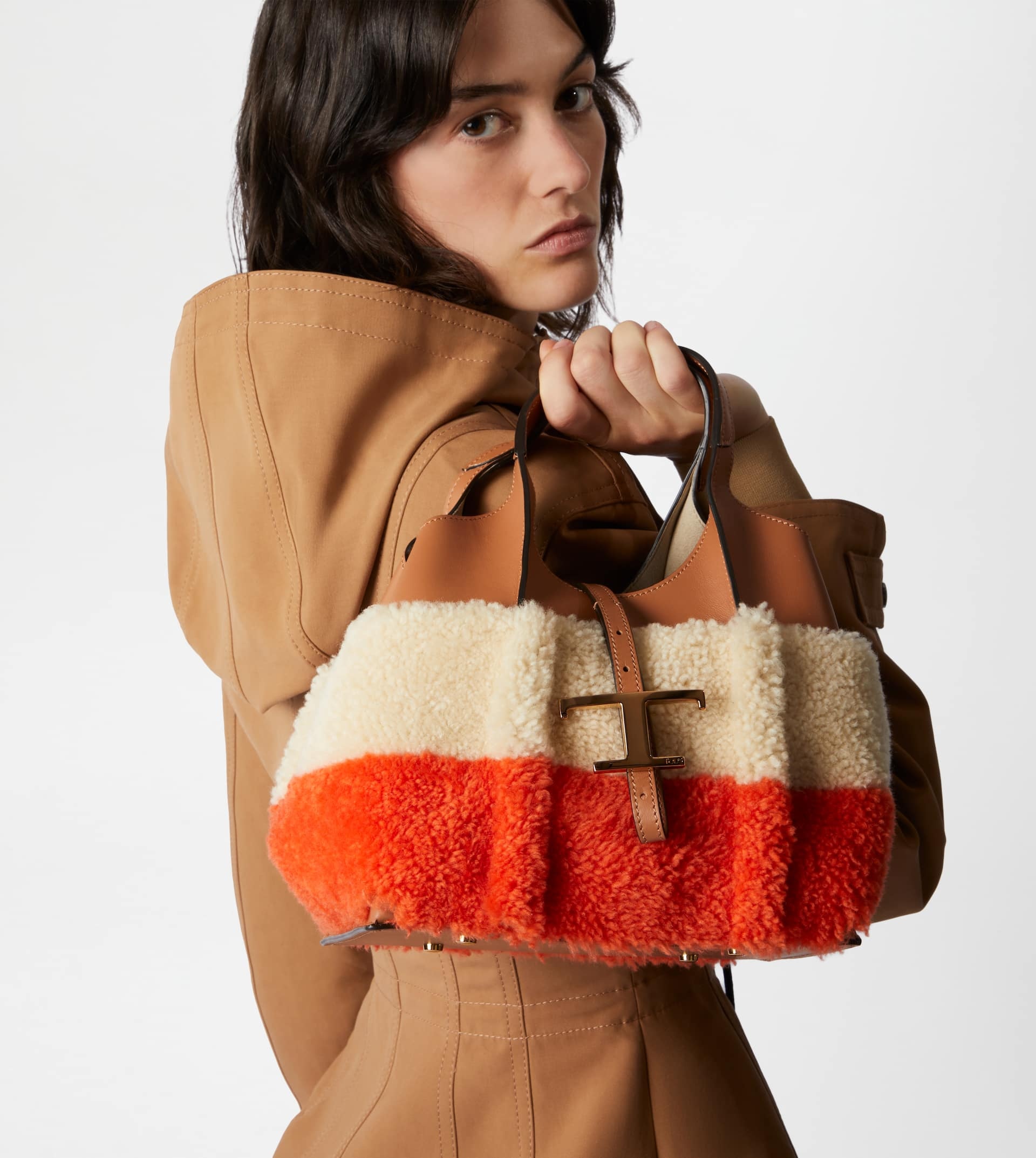 T TIMELESS SHOPPING BAG IN LEATHER AND SHEEPSKIN MINI - ORANGE, OFF WHITE, BROWN - 4
