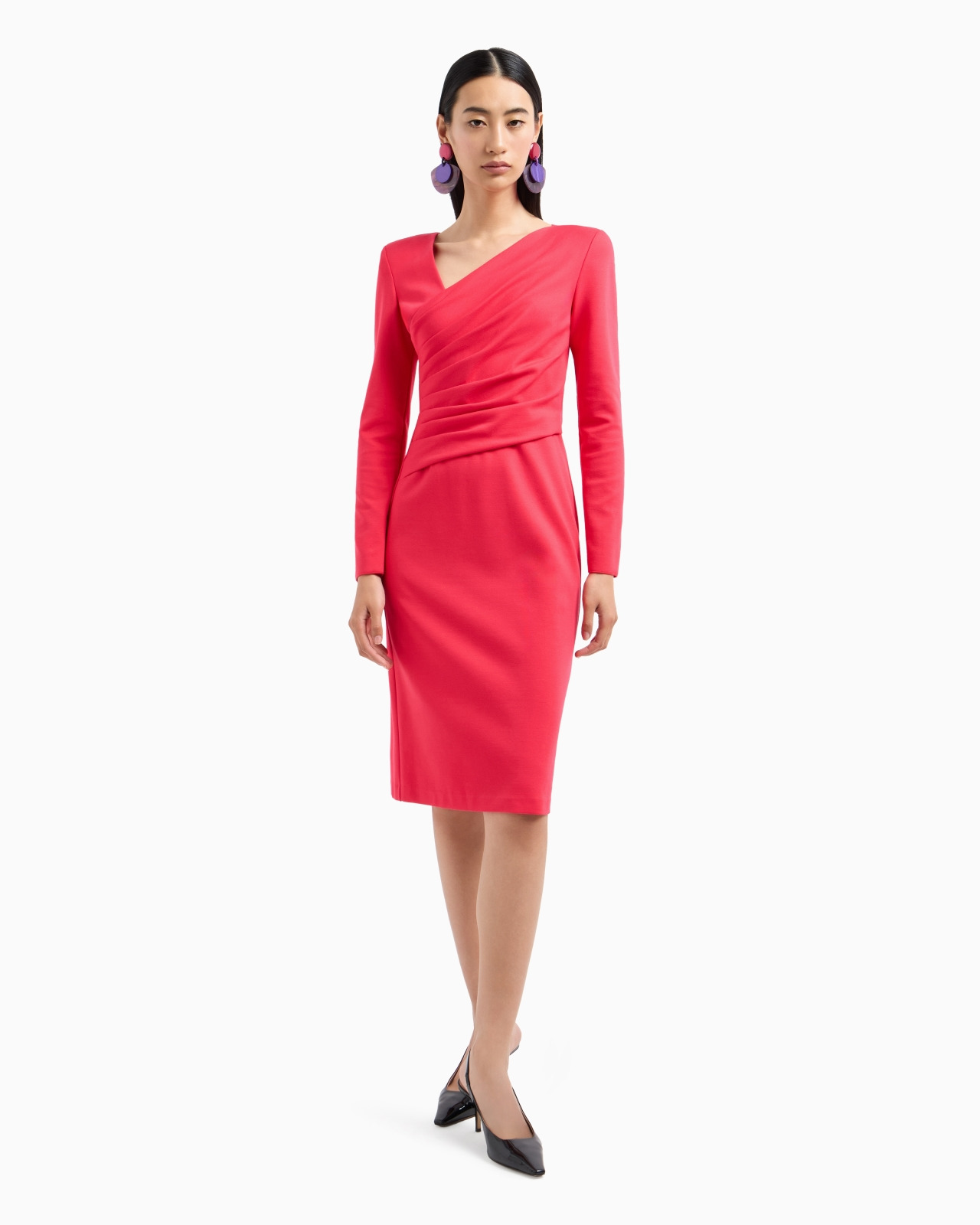 Stretch Milano stitch fabric dress with asymmetric cross-over and draping - 2