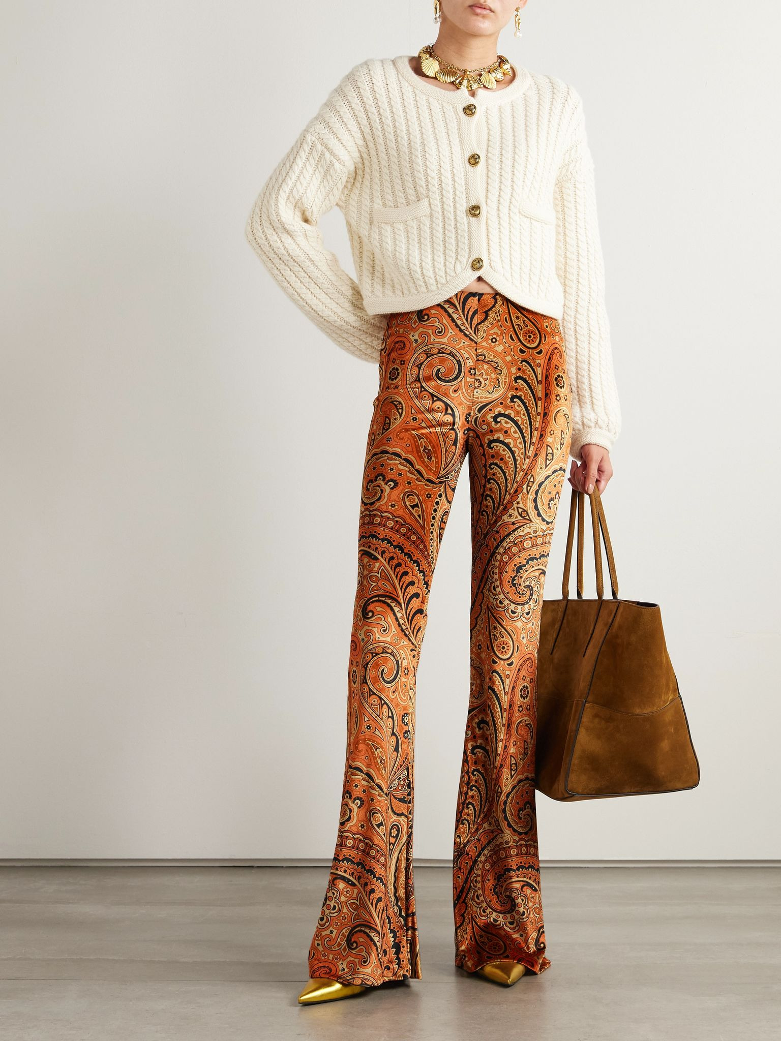 Paisley-print stretch-velvet flared pants Brown - 2